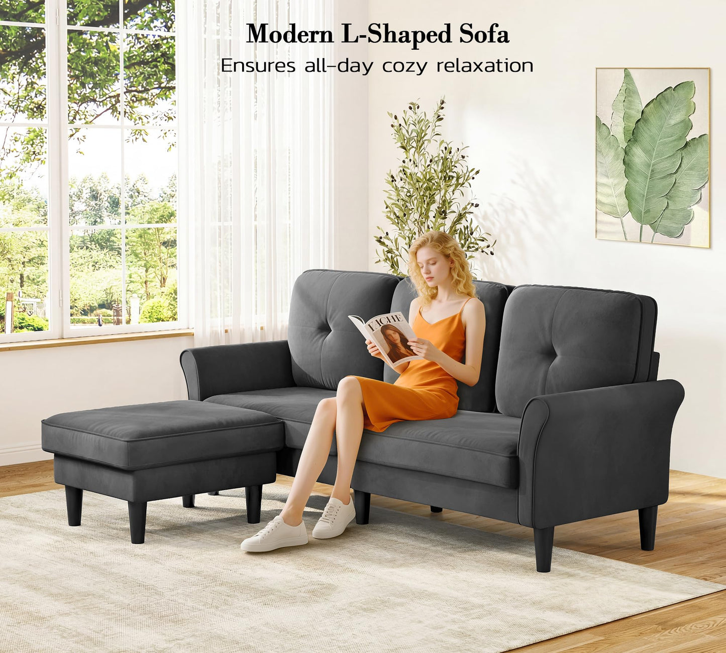 Kidirect Small Sectional Couch, 83" L Shaped Couch, Comfy Velvet Couches for Living Room, Tool-Free Setup Modular Sectional Sofa, 850lbs Load Sofas for Living Room with 1 Movable Ottoman, Grey Couch