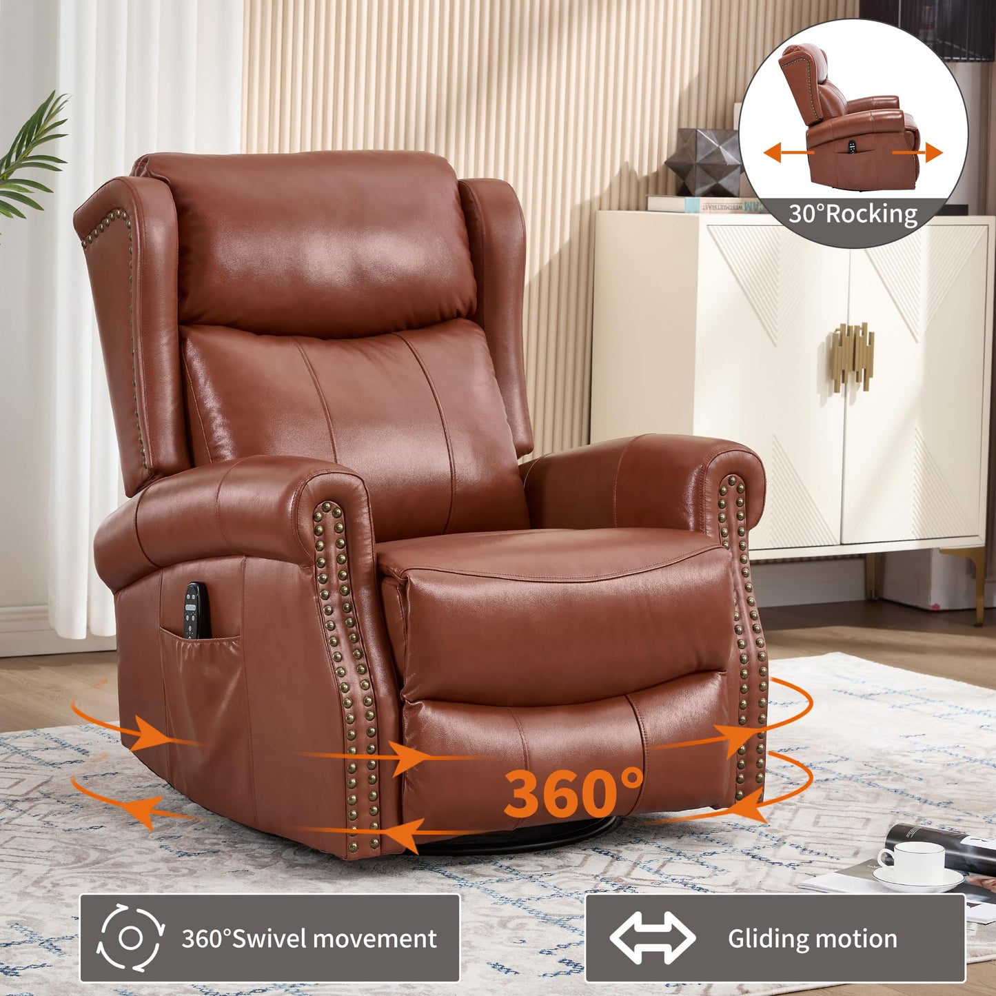 KEIKI Heat Massage Recliner Chair with Rocker & 360° Swivel, Manual Handle Reclining Lounge Chair with Lumbar Heat, Vibration Massage & Cushion Back for Living Room, Red