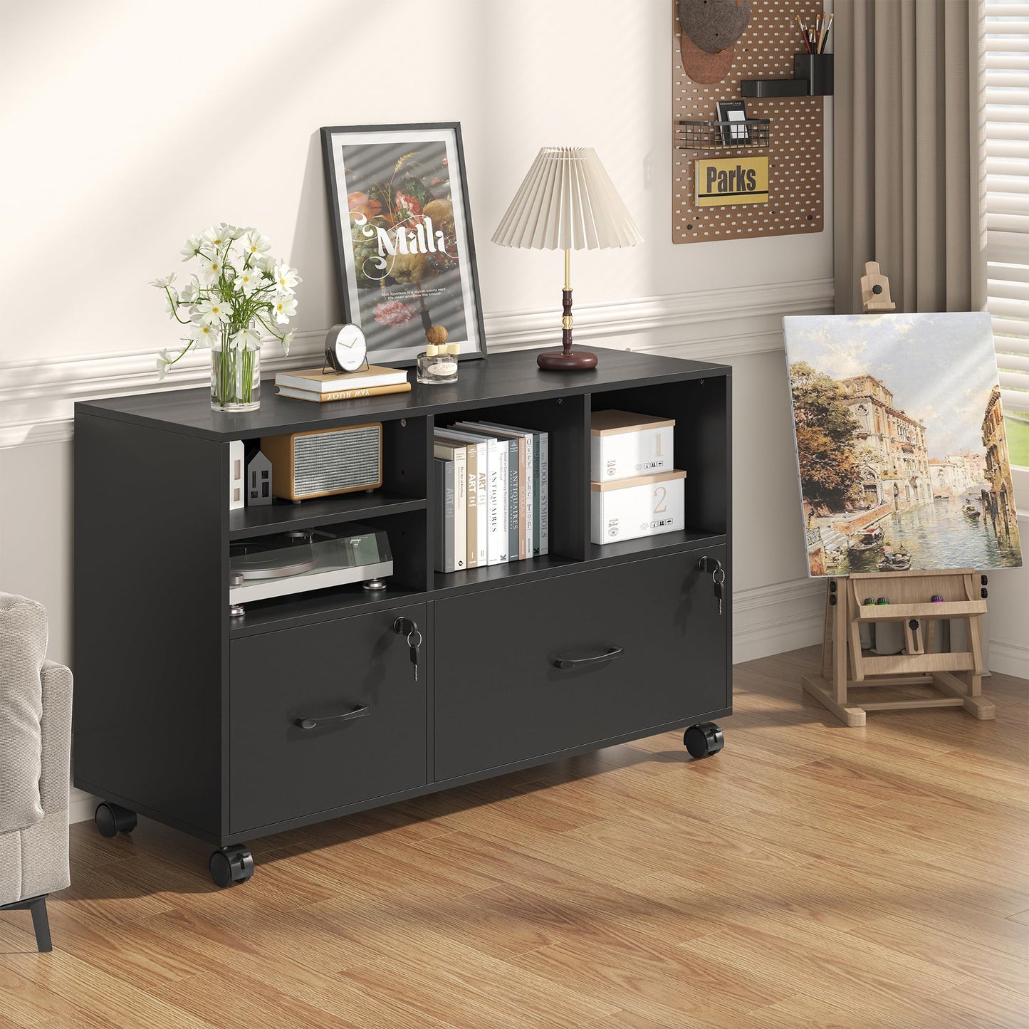 kepptory 2 Drawer Wood Mobile Large Lateral File Cabinet, Lockable Rolling Filing Cabinet with Storage Shelves, Printer Stand Office Storage Cabinet for Home Office Fits Files Legal/A4, Black
