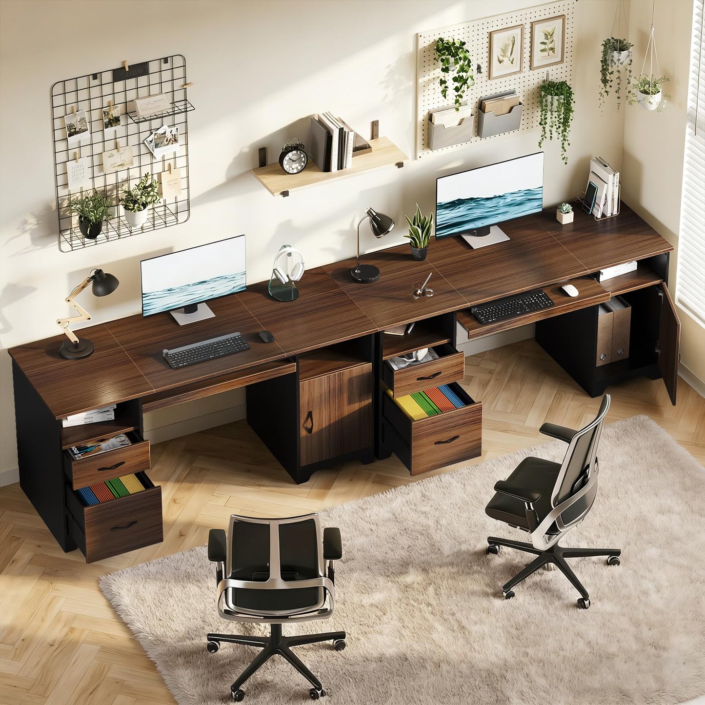 Bestier 59”Executive Desk with 2 Drawers,Computer Desk with Storage Cabinet,Industrial Wood Desk with File Drawer,Keyboard Tray & 2 Pedestals for Home Office & Studio,Cherry