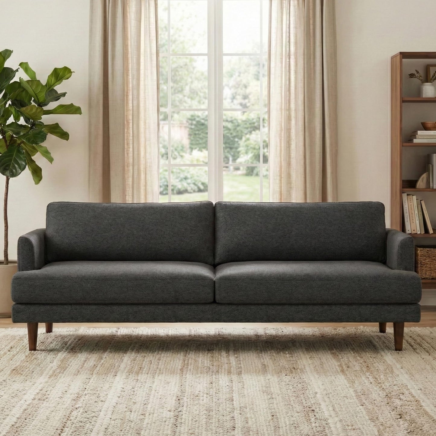 SIMPLIHOME Livingston 90-inch Wide Sofa in Charcoal Grey Woven-Blend Fabric, Handcrafted Mid-Century Modern Oversized 3-Seater Couch Sofa for Living Room or Family Room, Solid Wood Frame