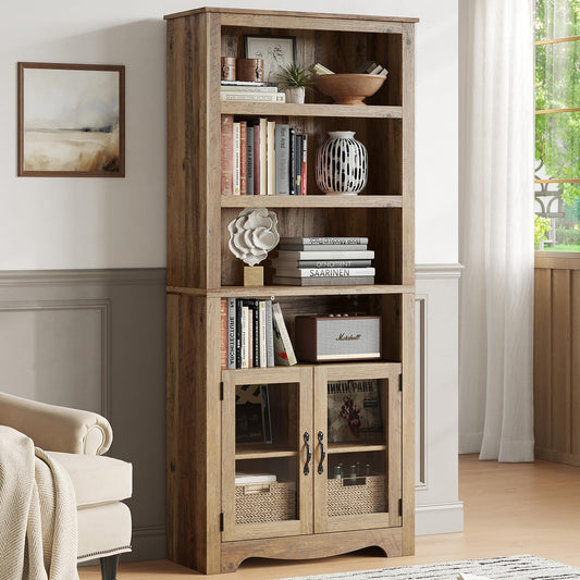 LINSY Bookshelf with Doors, 6 Shelf Bookcase Tall Bookshelves, 73" Farmhouse Book Shelf with Storage Cabinet, Wood Book Shelves for Living Room, Bedroom, Office, Rustic Brown
