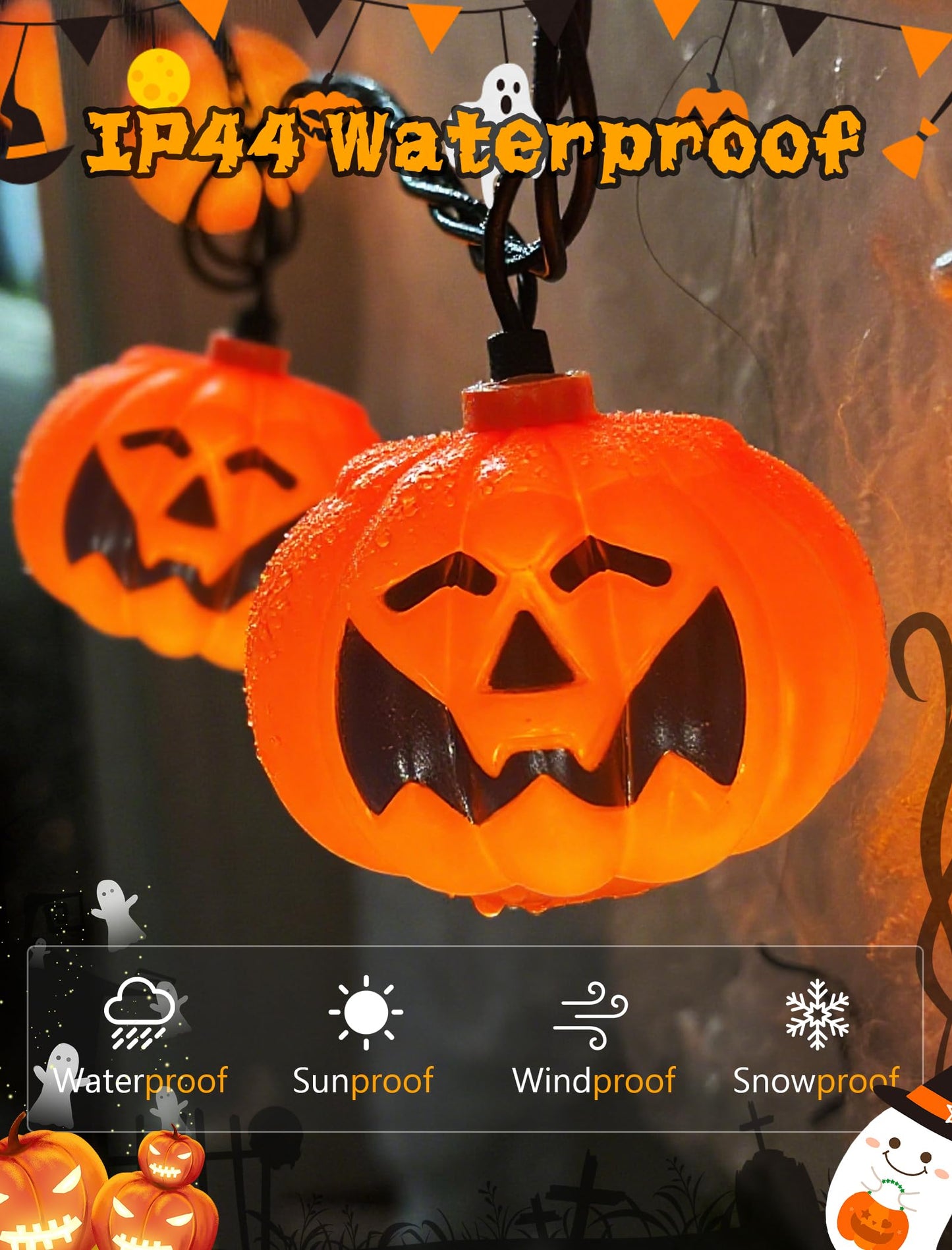 Konictom Halloween Pumpkin String Lights, 10FT, 12 LED Waterproof Bat Lights for Indoor/Outdoor Decorations