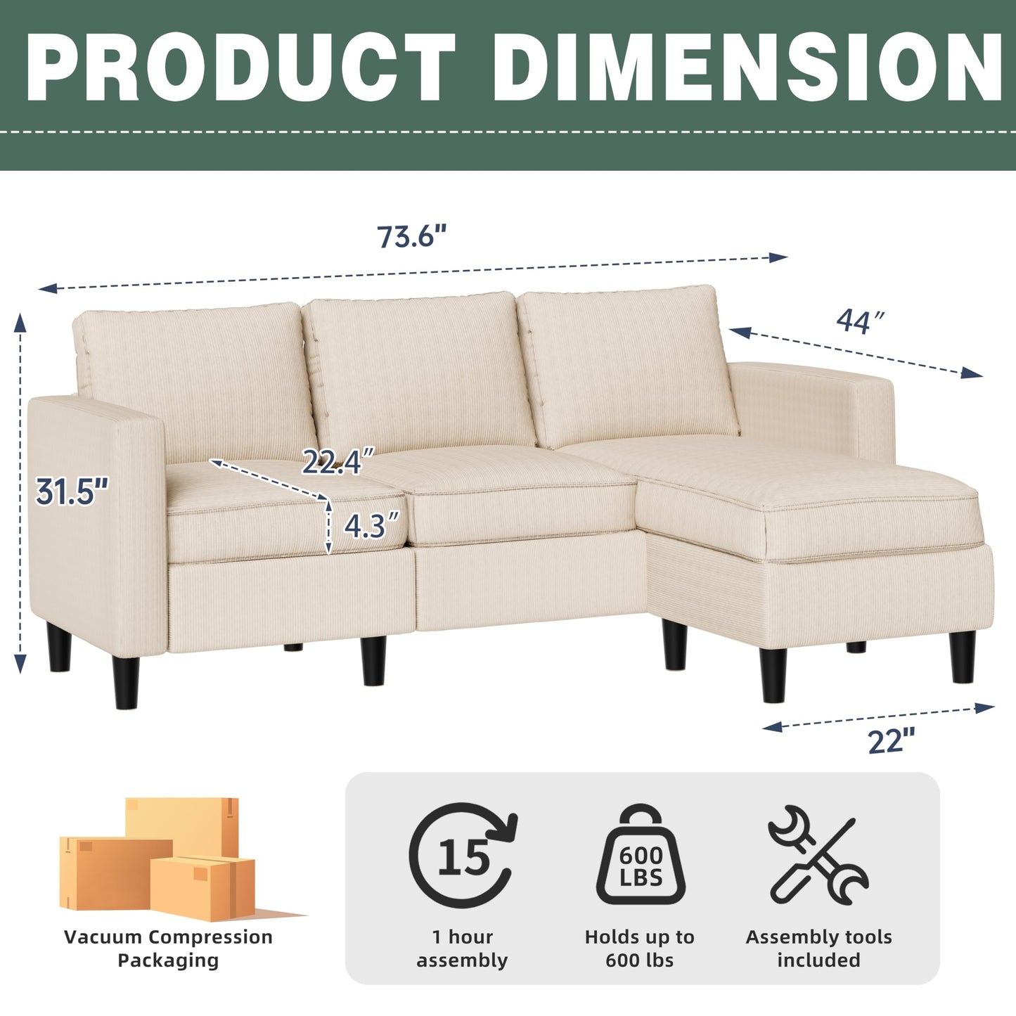 SUNLEI 73.6" Modular Sectional Sofa, Comfy Cloud Couch with Movable Ottoman Deep Seat L Shaped Modular Sofa, Sectional Couches for Living Room and Apartment, Khaki