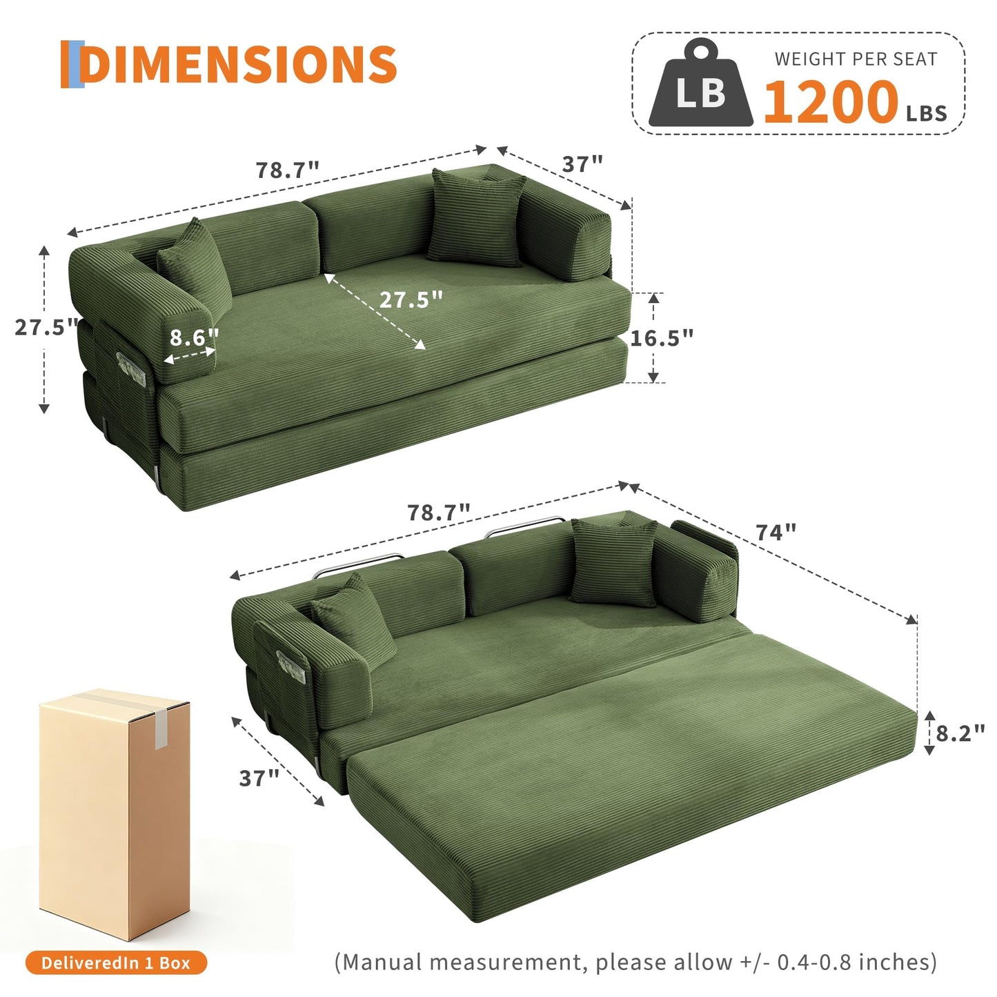 GarveeLife 78.8" Modular Corduroy Sofa Bed,5 in 1 Convertible Futon Floor Couch with Pull-Out Sleeper,Multi-Functional Futon for Living Room Guest Room & Small Spaces
