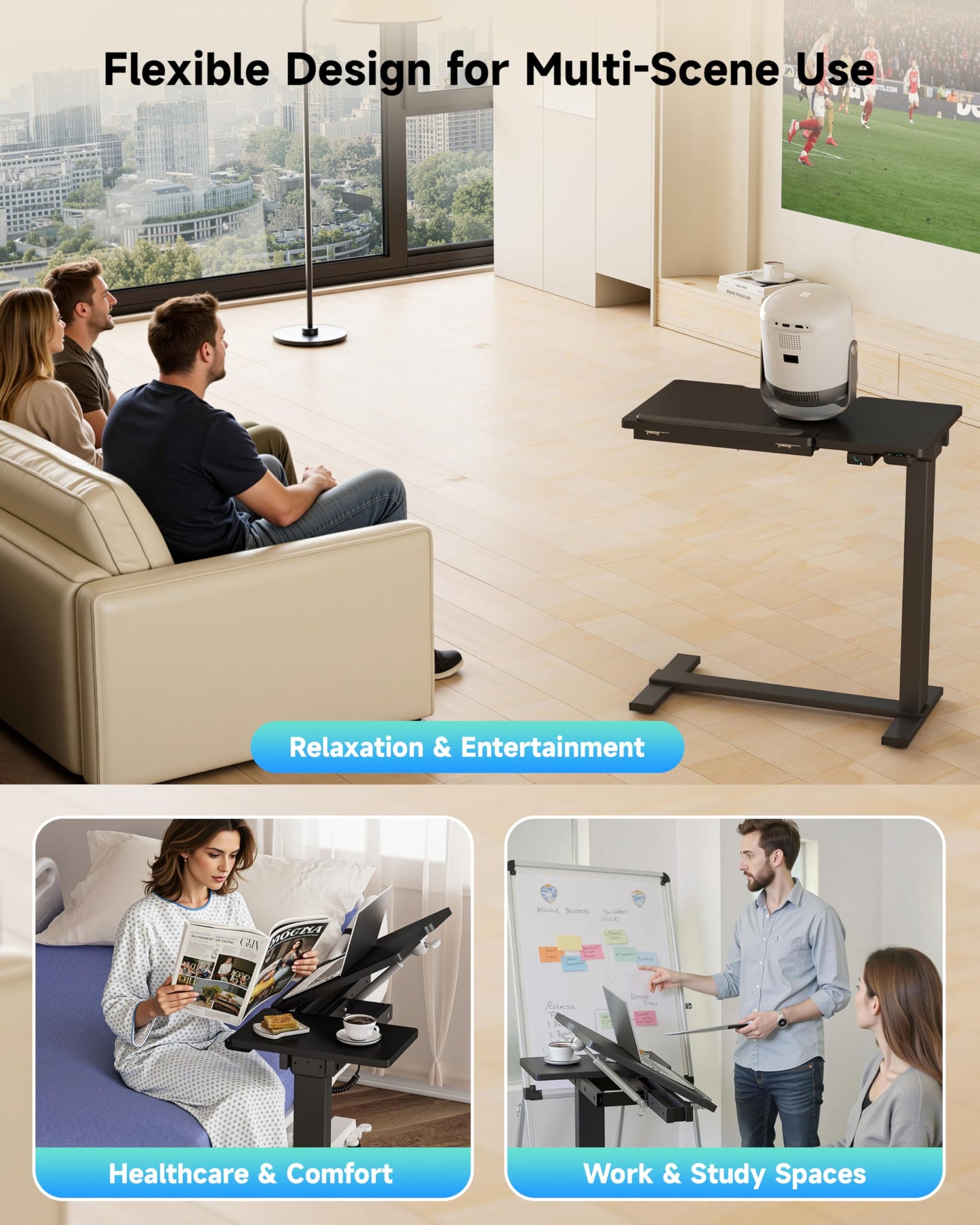 BIZUM Small Electric Standing Desk, Overbed Table Wireless Tilt Top with Hidden Wheels, 27.6×15.8 Inch Adjustable Rolling Laptop Desk, USB-C Rechargeable Battery, Black