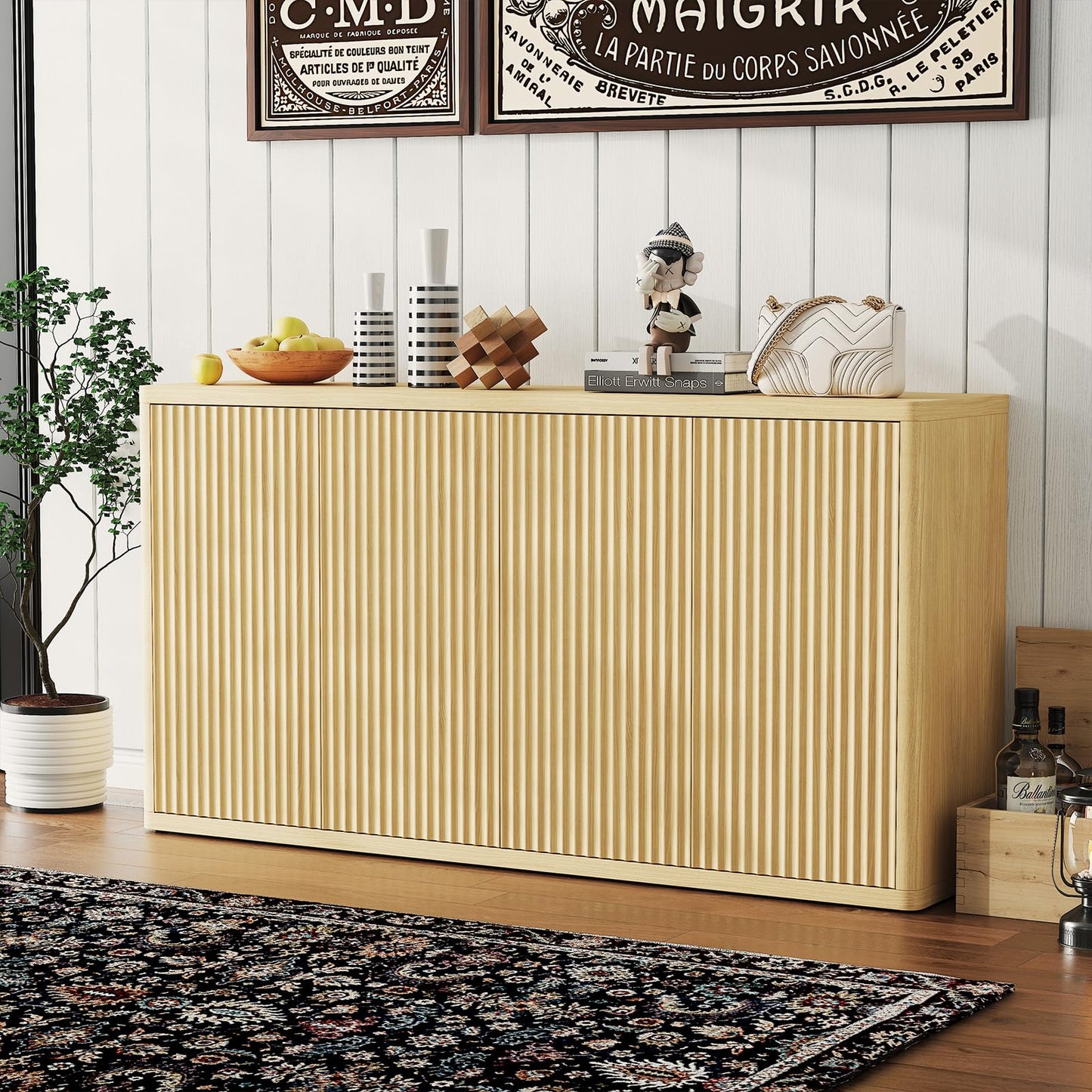 IDEALHOUSE 66.3in Large Sideboard Buffet Cabinet, Kitchen Modern Fluted Cupboard Coffee Bar Console Table Credenza Storage Cabinet with Adjustable Shelves for Living Room Hallway, 4 Doors
