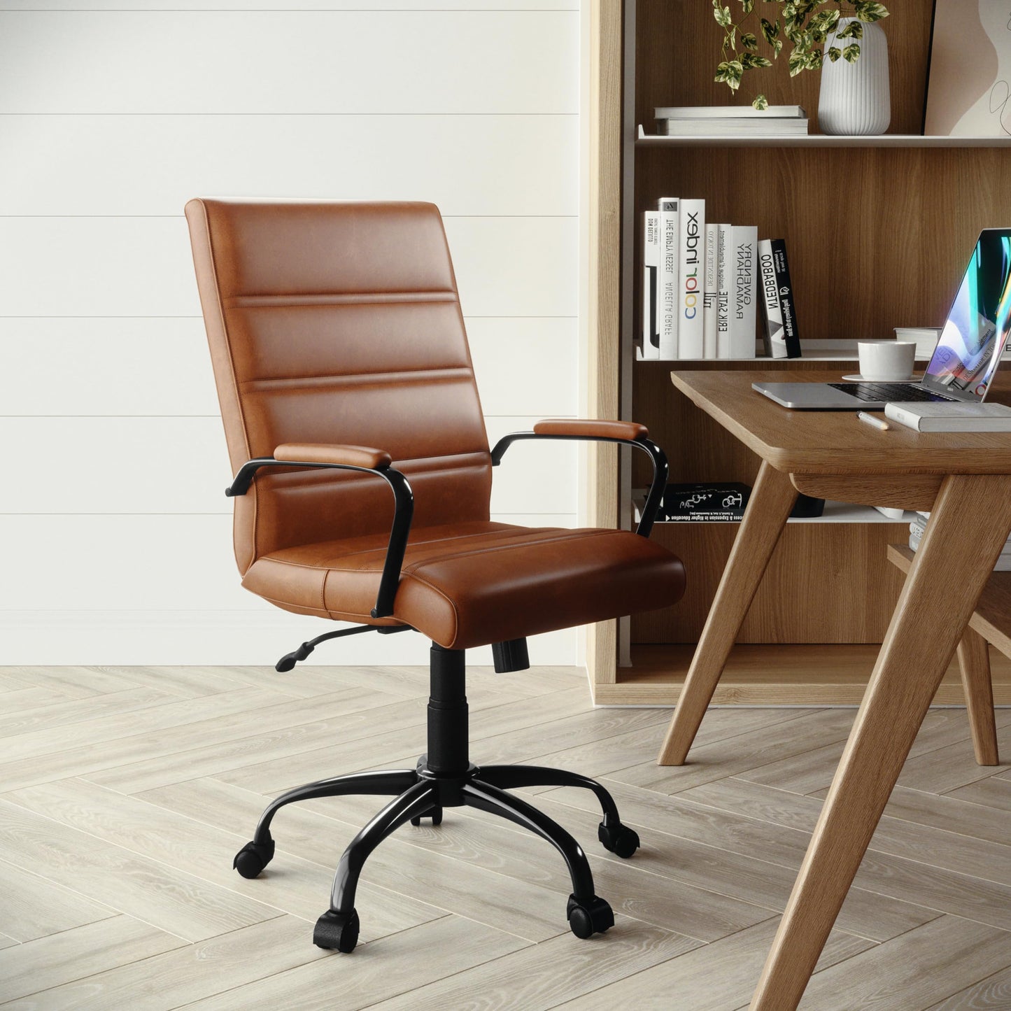 Flash Furniture Whitney Mid-Back Desk Chair - Brown LeatherSoft Executive Swivel Office Chair with Black Frame - Swivel Arm Chair