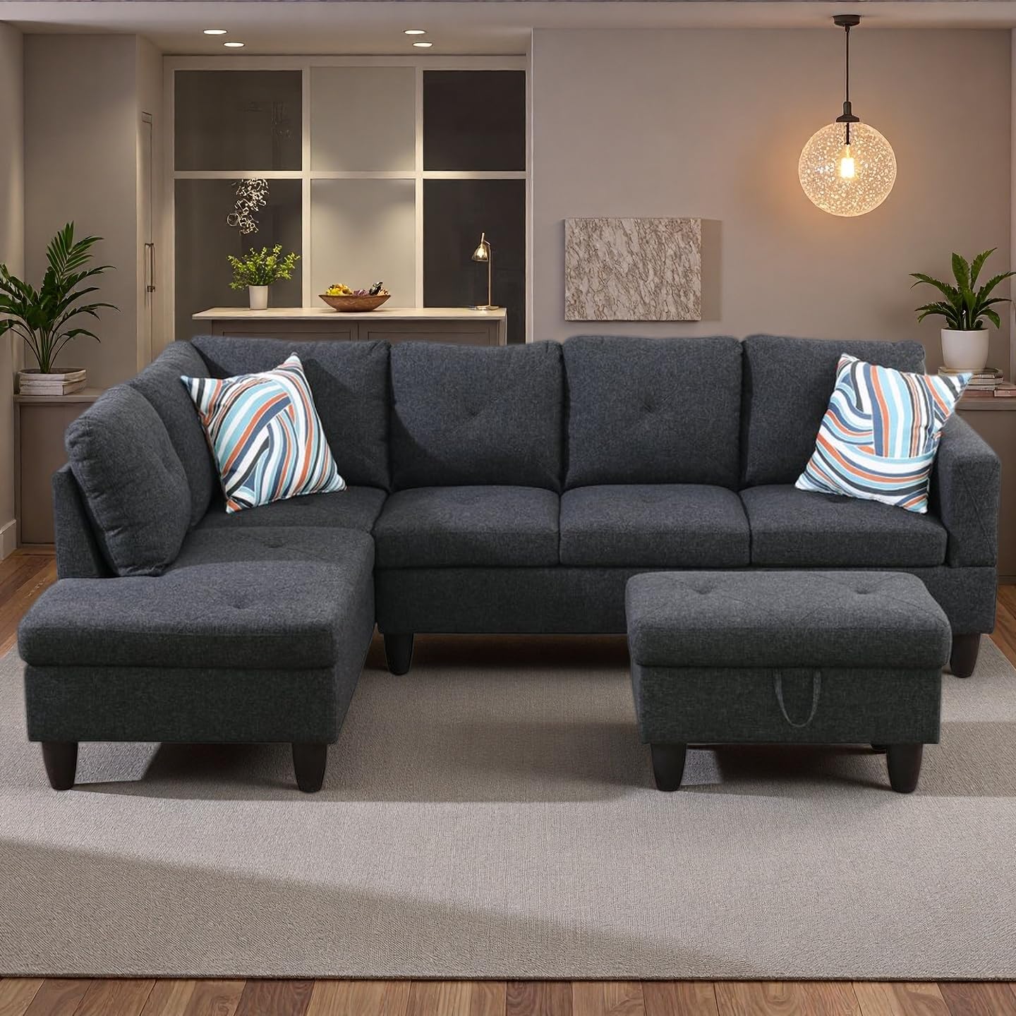 NicBex Sectional Couch 3 Pieces Sofa Set, L-Shaped Modular Couches for Living Room, Furniture Sets with Lounge Chaise & Storage Ottoman, Multi-Scene Use for Apartment & Office, Black Grey