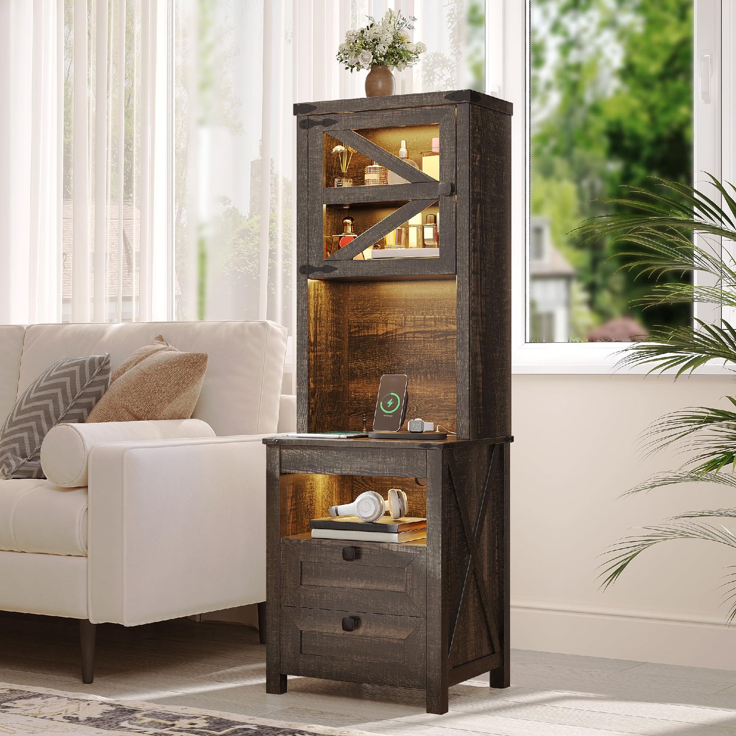 HWB Tall Night Stand with Charging Station and LED Lights, Farmhouse Nightstand with Gun Drawer&Adjustable Shelf, Bedside Table with 3 Drawers for Bedroom, Rustic Brown