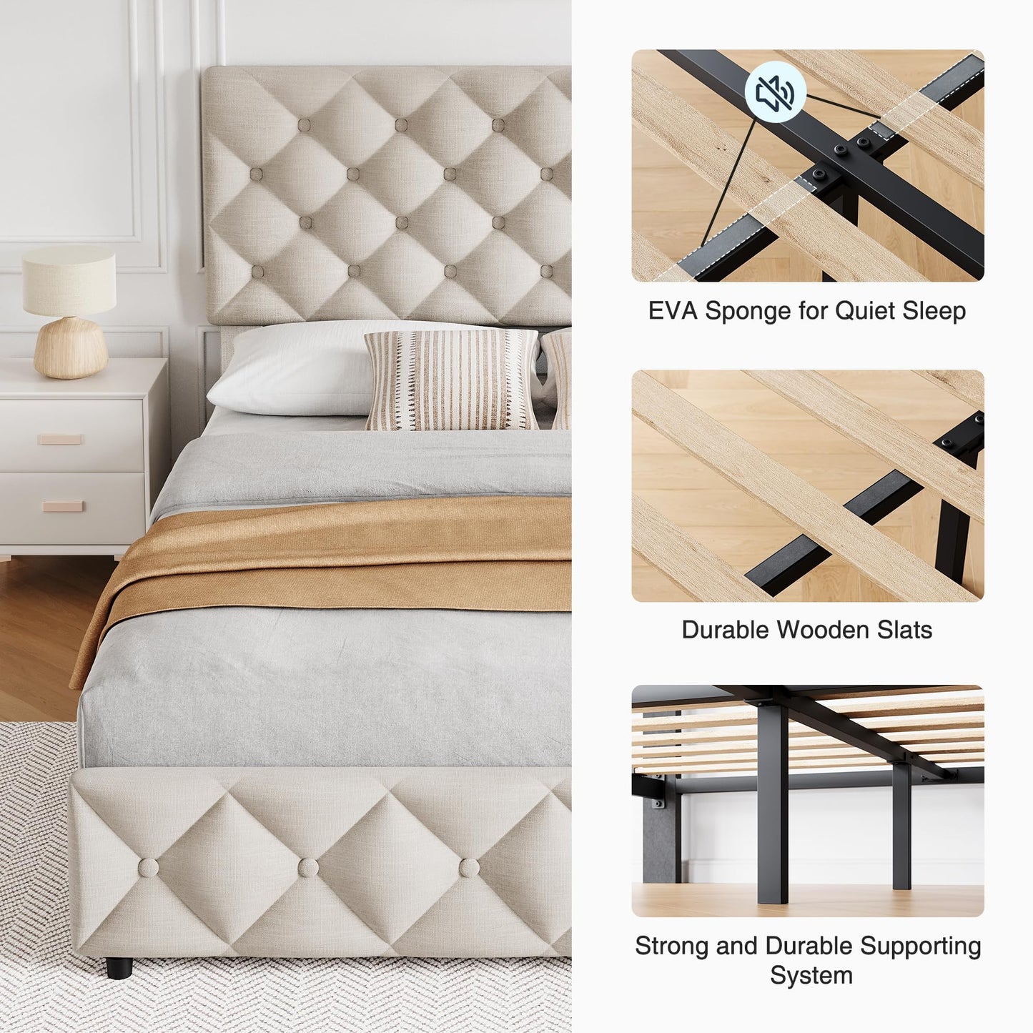 IDEALHOUSE Full Size Bed Frame with 4 Drawers, Upholstered Platform Bed Frame with Headboard, Wooden Slat, No Box Spring Need, Beige