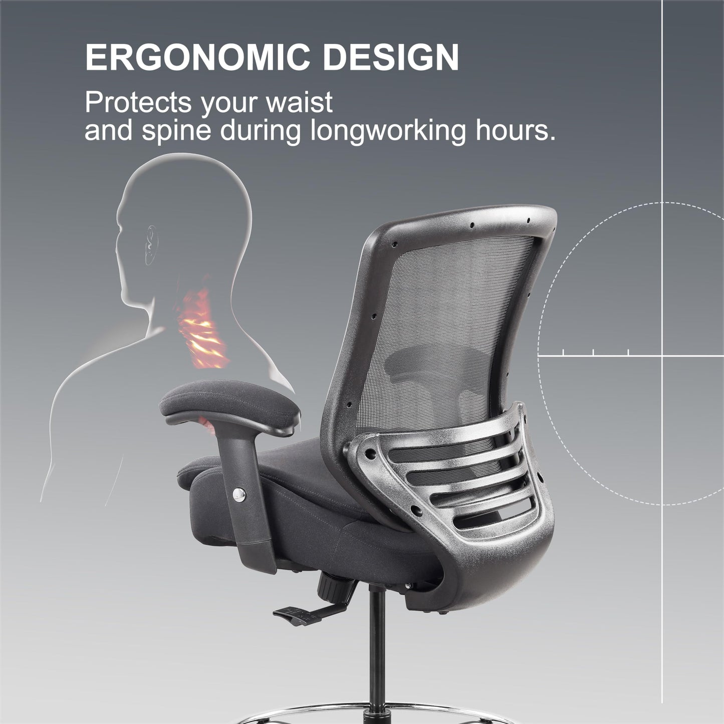 WITTLONG 400lbs Office Drafting Chair Wide Dual Seat Cushion for High Standing Desk with Lumbar Support and Enlarged Adjustable Footrest-Black