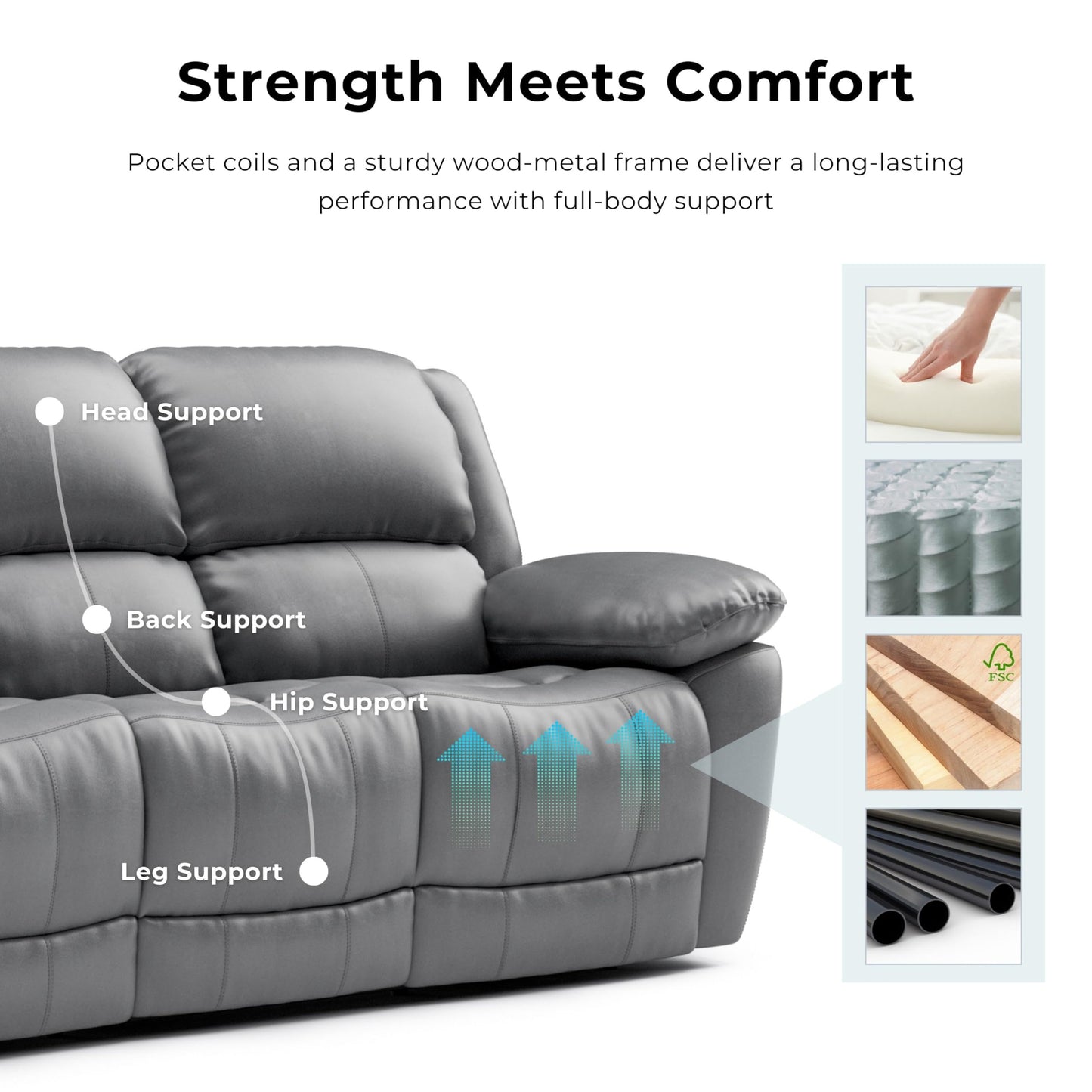 Furniture of America Sorin Modern Leather Recliner Sofa with Pillow Armrests and High Density Foam, Reclining Sectional Couch for Living Room, Office, Home Theater, FSC Certified, Blue