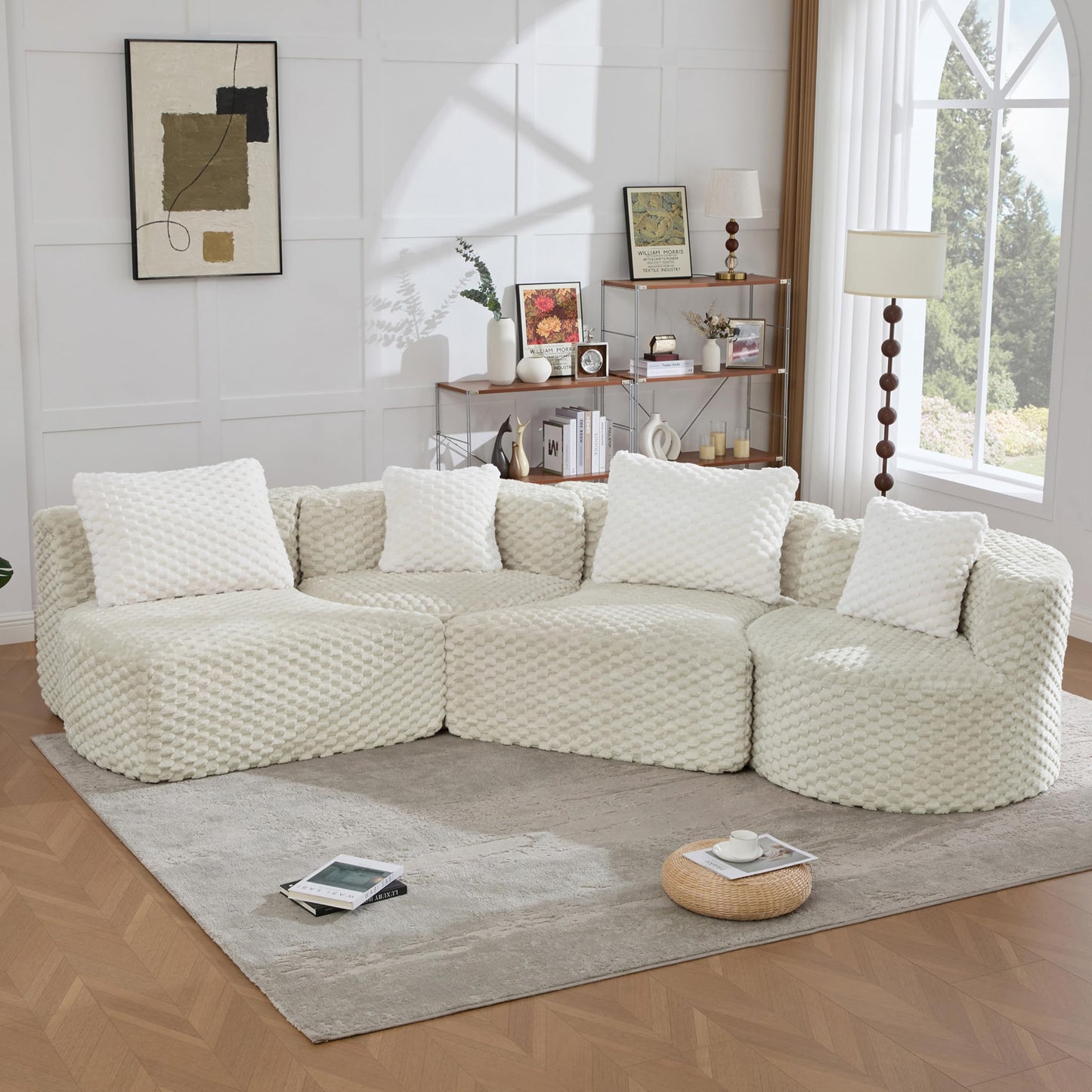 Merax 138" Curved Modular Sectional Sofa Set, Compressed 4 Seat Bubble-Velvet Boneless Sectional Couch Sofa with Deep Seat & Pillow, Comfy Cloud Soft Couches for Living Room, Easy Assembly, Grey