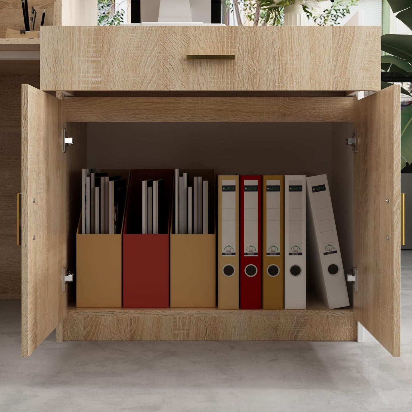 AIEGLE Checkout Counter, Modern Reception Desk with Drawer & 2-Door Storage Cabinet, 87.2" W Office Reception Desk with Open Front Cubby for Salon, Lobby, Shop, White & Oak