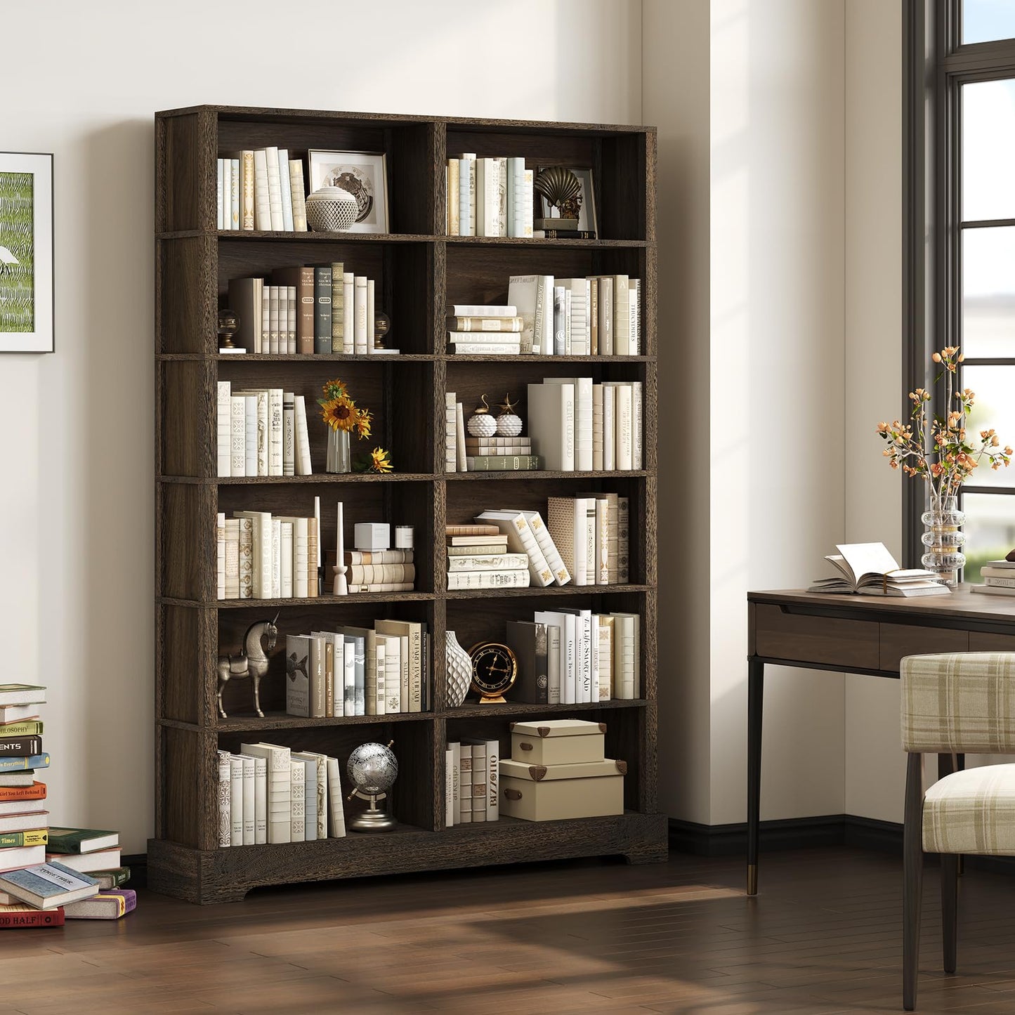 TVU 6-Tier Wood Book Shelf, 47" Wide Large Bookcase and Bookshelf, 76" Tall Bookcase with Storage, Freestanding Wood Display Book Shelves for Living Room, Home Office, Walnut