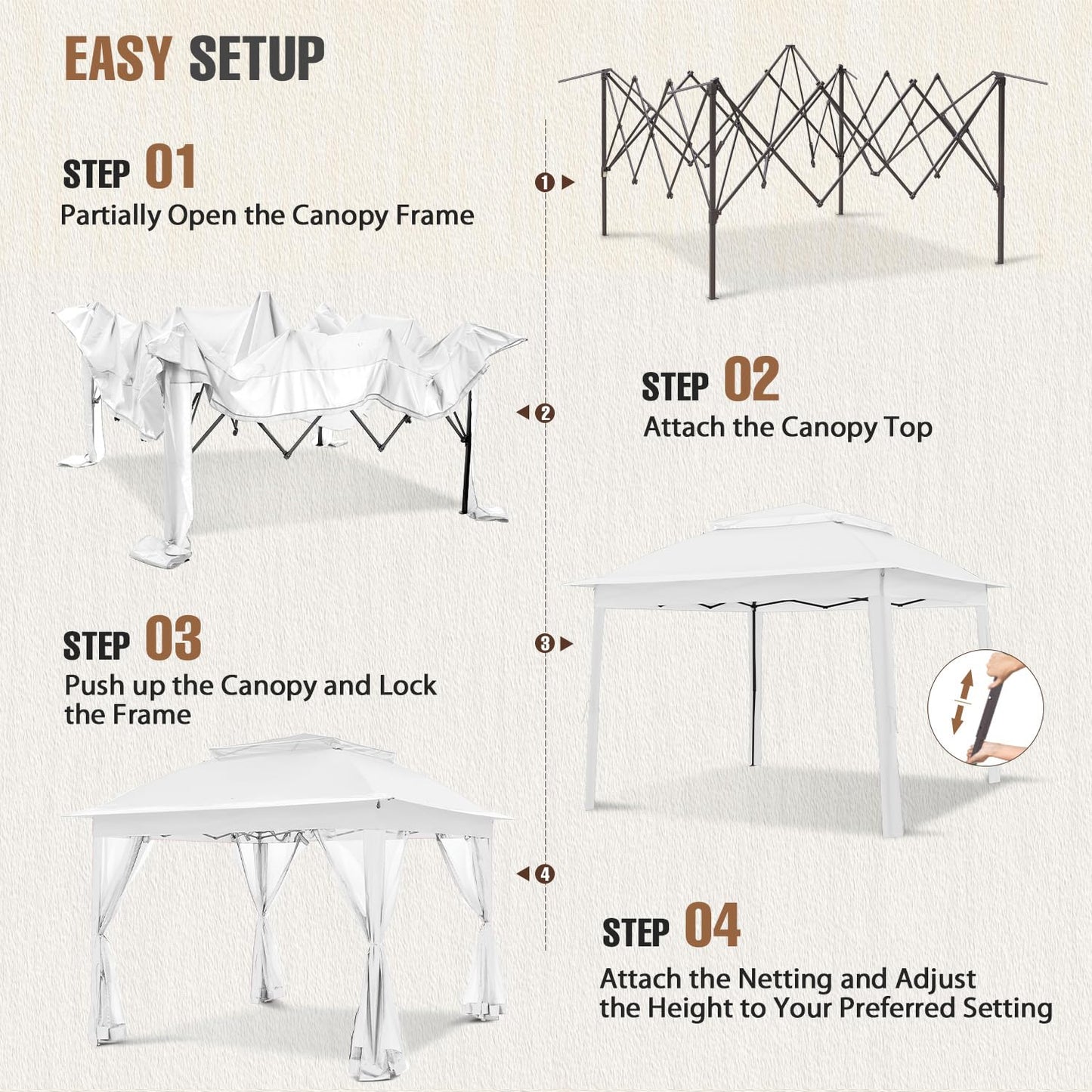 INTER HUT 11x11 Pop Up Gazebo Tent with Mesh Netting, Instant Outdoor Canopy with UPF 50+ UV Protection, Water Resistant, White