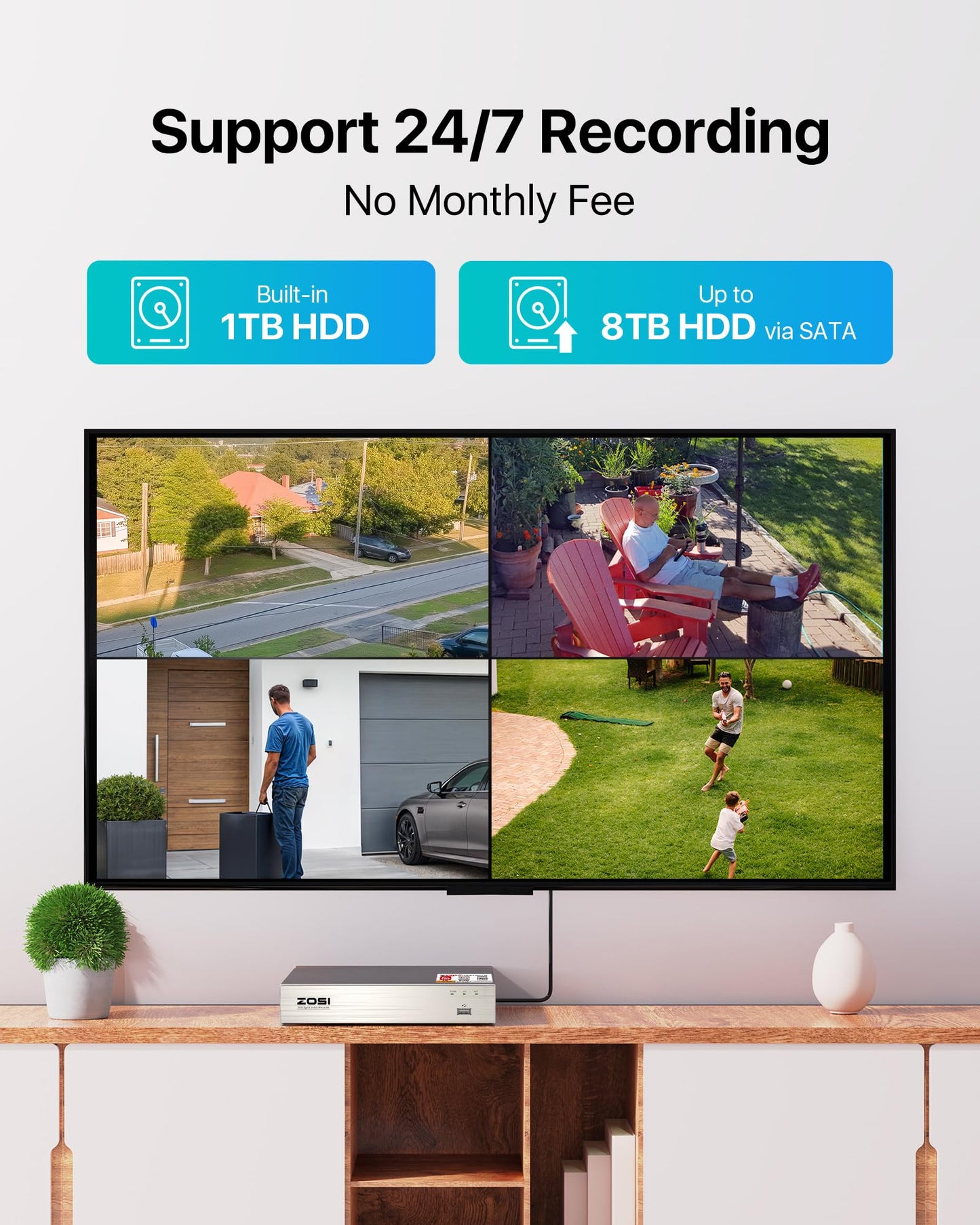ZOSI 3K Lite 8CH Security Camera System with 1TB HDD,AI Human/Vehicle Detection,80ft Night Vision,H.265+ 8 Channel 1080P HD-TVI DVR Recorder,8pcs 1920TVL Weatherproof CCTV Dome Cameras Indoor Outdoor