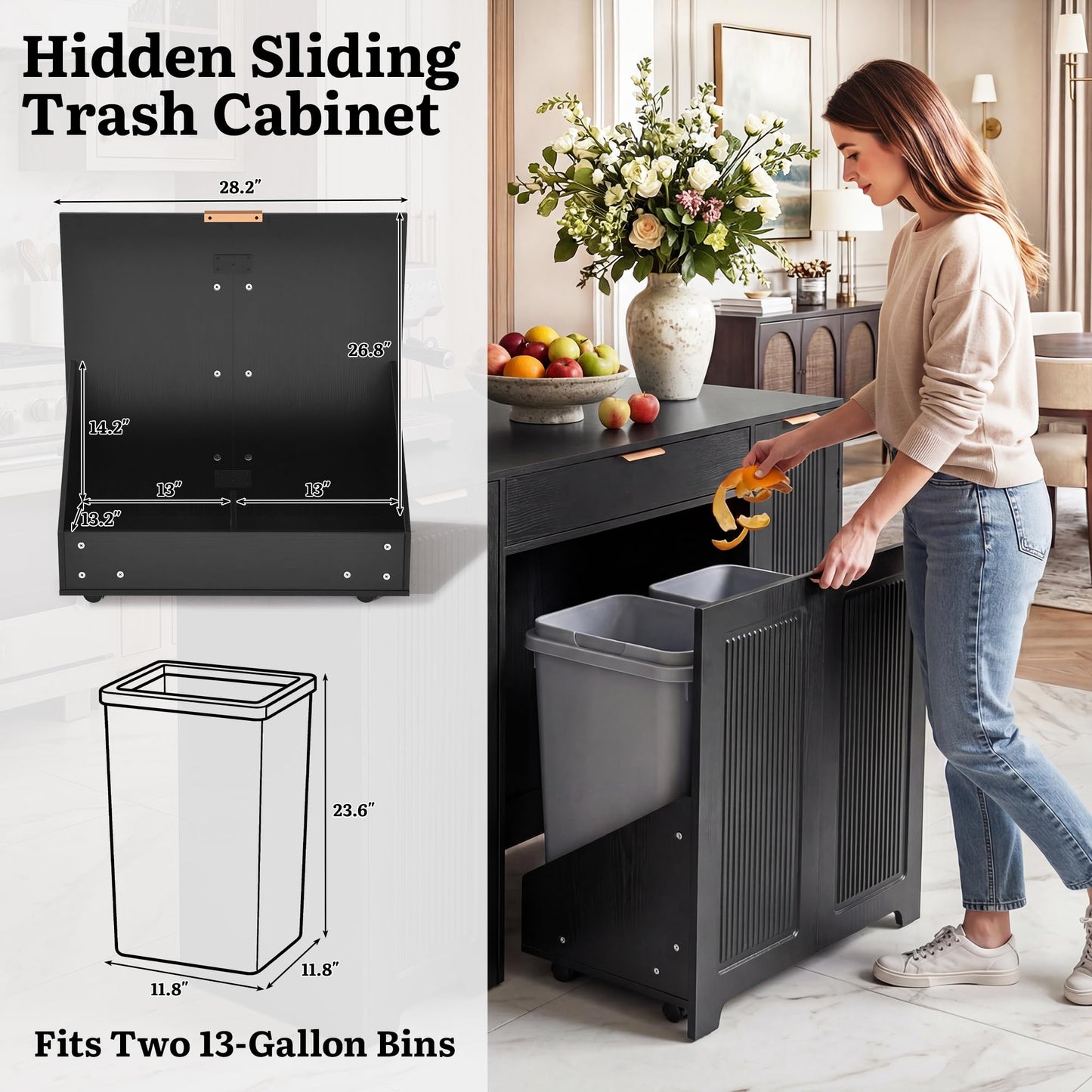 YITAHOME Expandable Kitchen Island with Hidden Trash Cabinet, 55.1" Rolling Kitchen Island with Drop Leaf, Storage Drawer & 3-Tier Side Shelves, Mobile Kitchen Island on Wheels with Towel Bar & Hooks