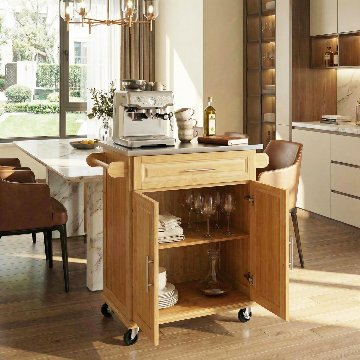 Merax Indoor Compact Bamboo Rolling Kitchen Cart with Stainless Steel Top – Mobile Storage Island with Drawer & Cabinet for Small Spaces