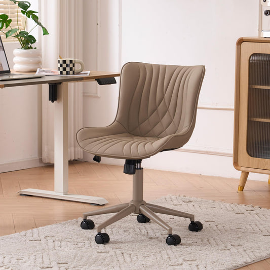 YOUTASTE All Khaki Office Chair, Modern Armless Desk Chair with Back, Adjustable Swivel Rolling Faux Leather Task Chair with Wheels Metal Base for Home Office, Study, or Vanity