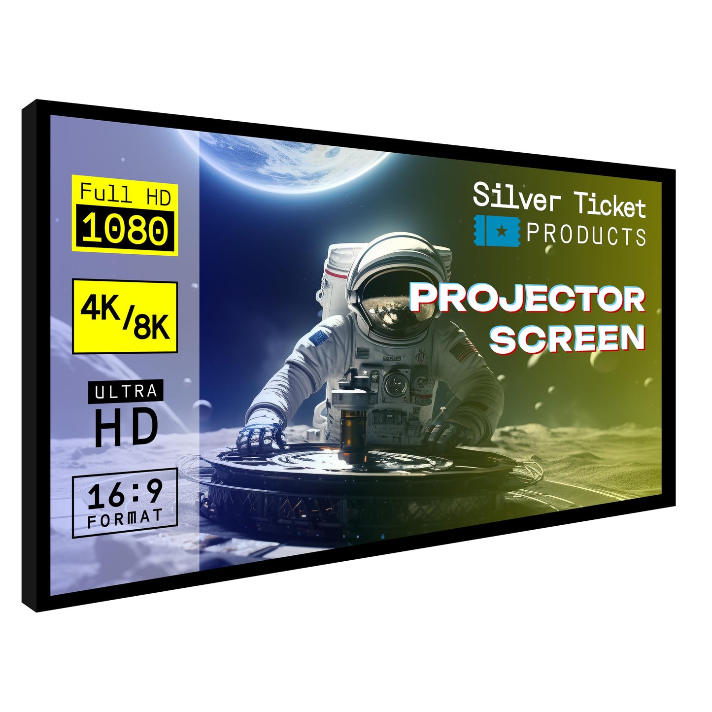Silver Ticket Products STR Series 6 Piece Home Theater Fixed Frame 4K / 8K Ultra HD, HDTV, HDR & Active 3D Movie Projection Screen, 16:9 Format, 135" Diagonal, Woven Acoustic Material STR-169135-WAB