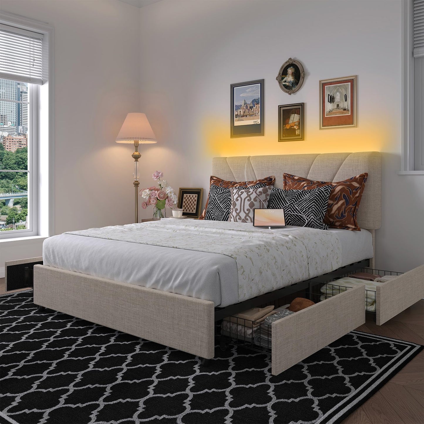 Novilla King Bed Frame, King Bed Frame and Headboard, King Size Bed Frame with Drawers, King Bed Frame with LED Lights, Charging Station and Adjustable Headboard, No Box Spring Needed, Beige