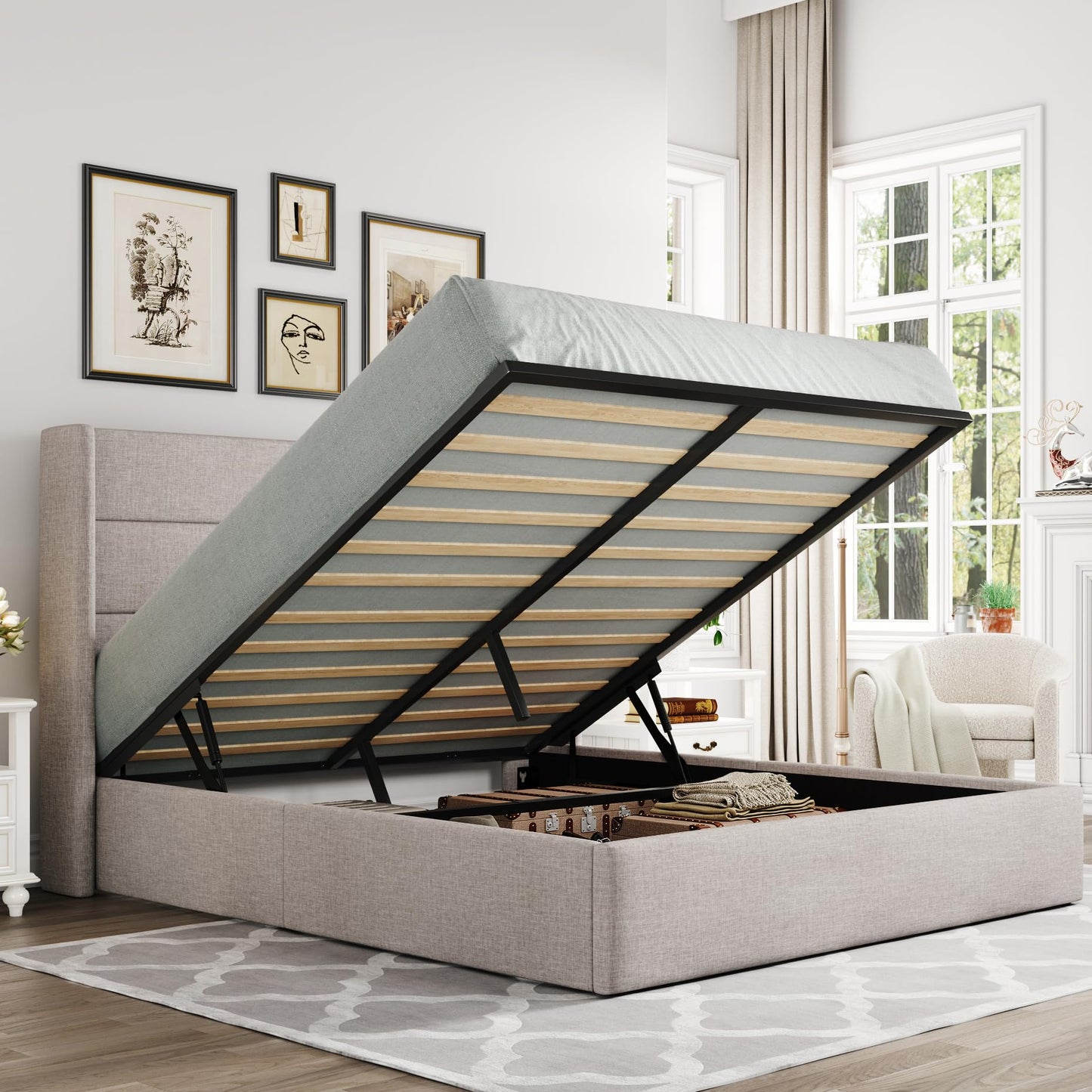 Allewie Queen Size Lift Up Storage Bed, Modern Wingback Headboard, Hydraulic Support, No Box Spring Needed, Light Beige