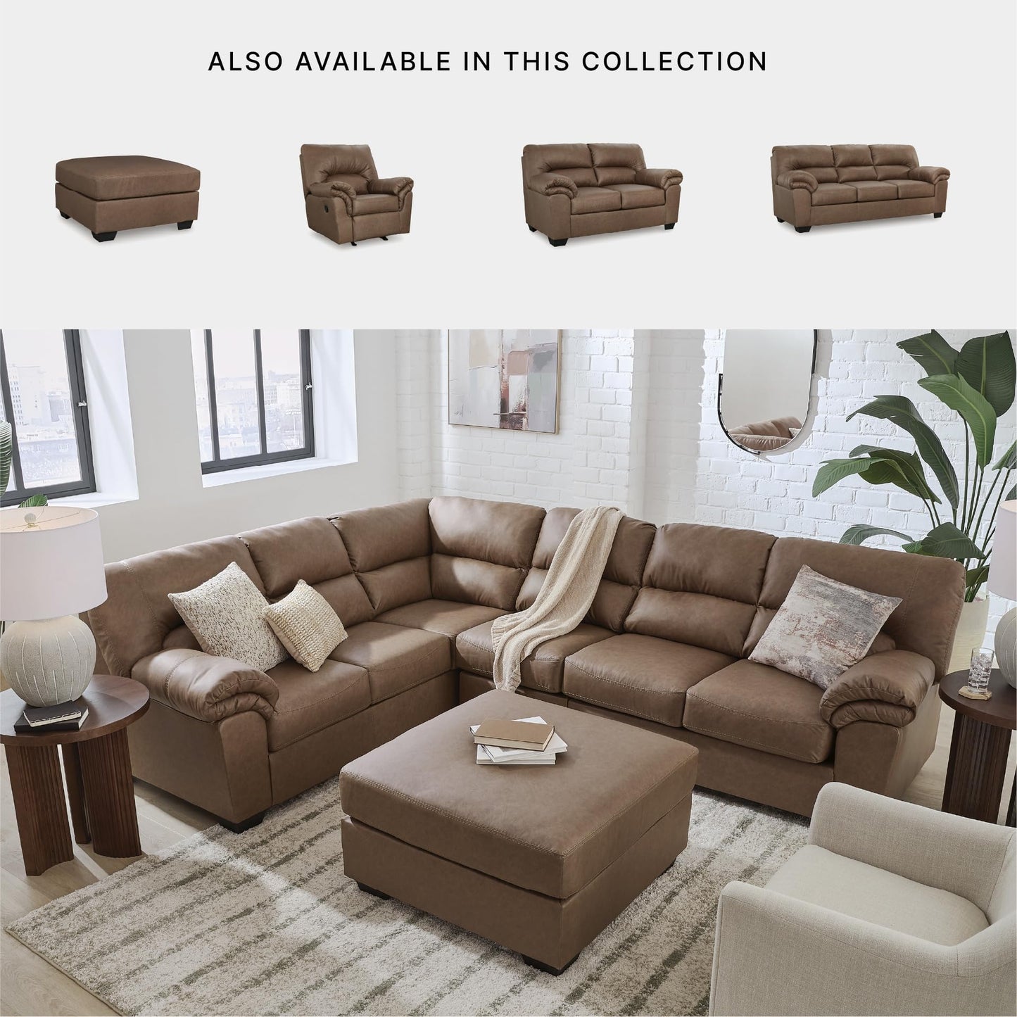 Signature Design by Ashley Whitlock L-Shape Right-Arm Facing Casual Faux Leather 2-Piece Sectional with Removable Cushion, Dark Brown