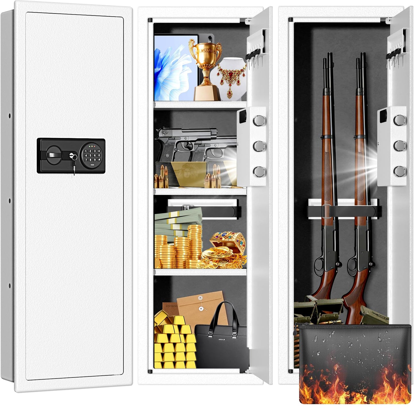 Heavy Duty Fireproof Wall Safes Between the Studs, Extra Large Fire Security Wall Safe with Digital Keypad lock and 3 Removable Shelf, Wall Rifle Safe Fireproof for Home, Gun, Cash, Documents, Jewelry