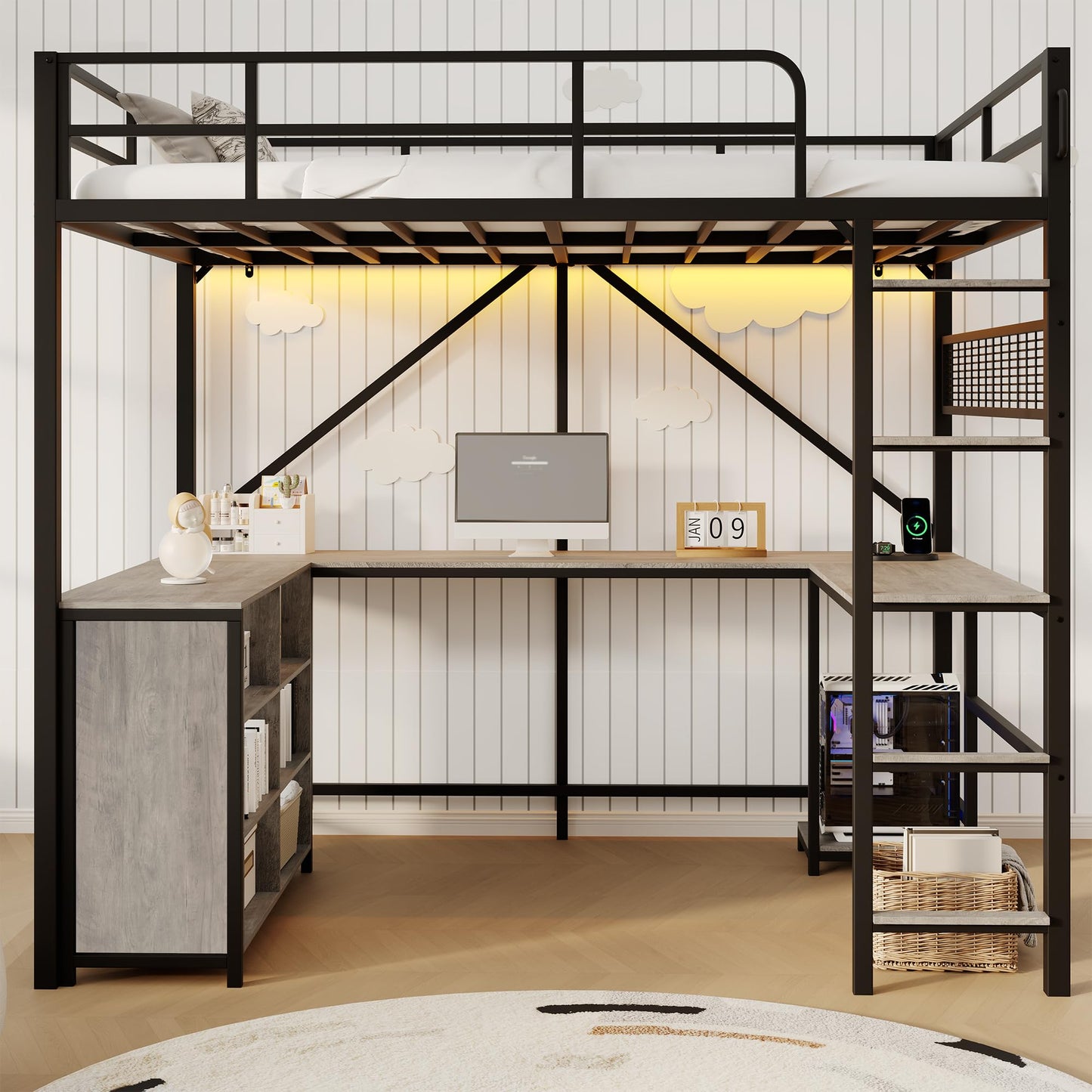 Garvee Loft Bed Full Size with u-Shaped Desk, 6 Storage Cubbies, Power Outlet, Bed Frame with LED & PC Stand, Heavy Duty Metal Bed Frame with Widened Ladder Feet for Apartment, Bedroom, Small Space