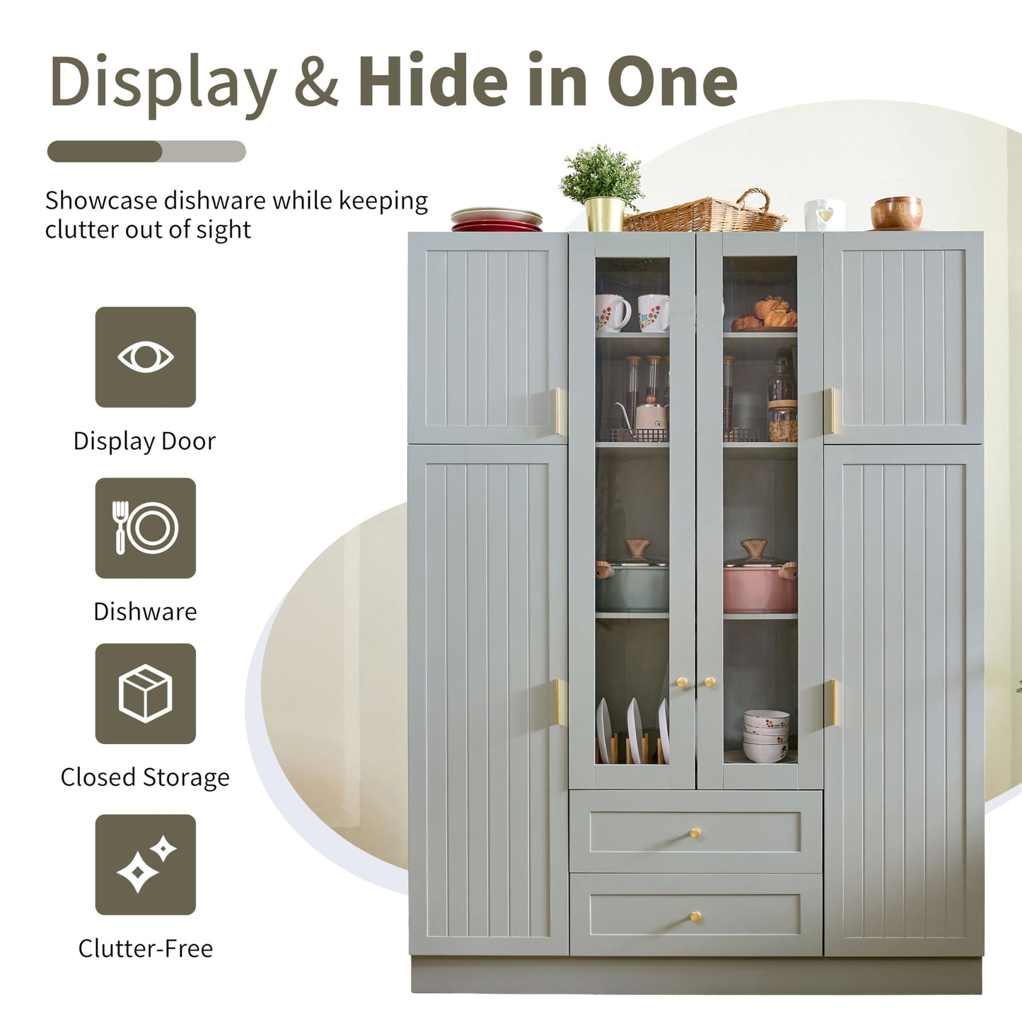 Merax Modern Large Kitchen Pantry with 6 Doors, 53.2''Lx17.7''W Storage Cabinet Cupboard with Drawers, Adjustable Shelves, Pull-Out Trays and Wine Rack for Dining Room, Green