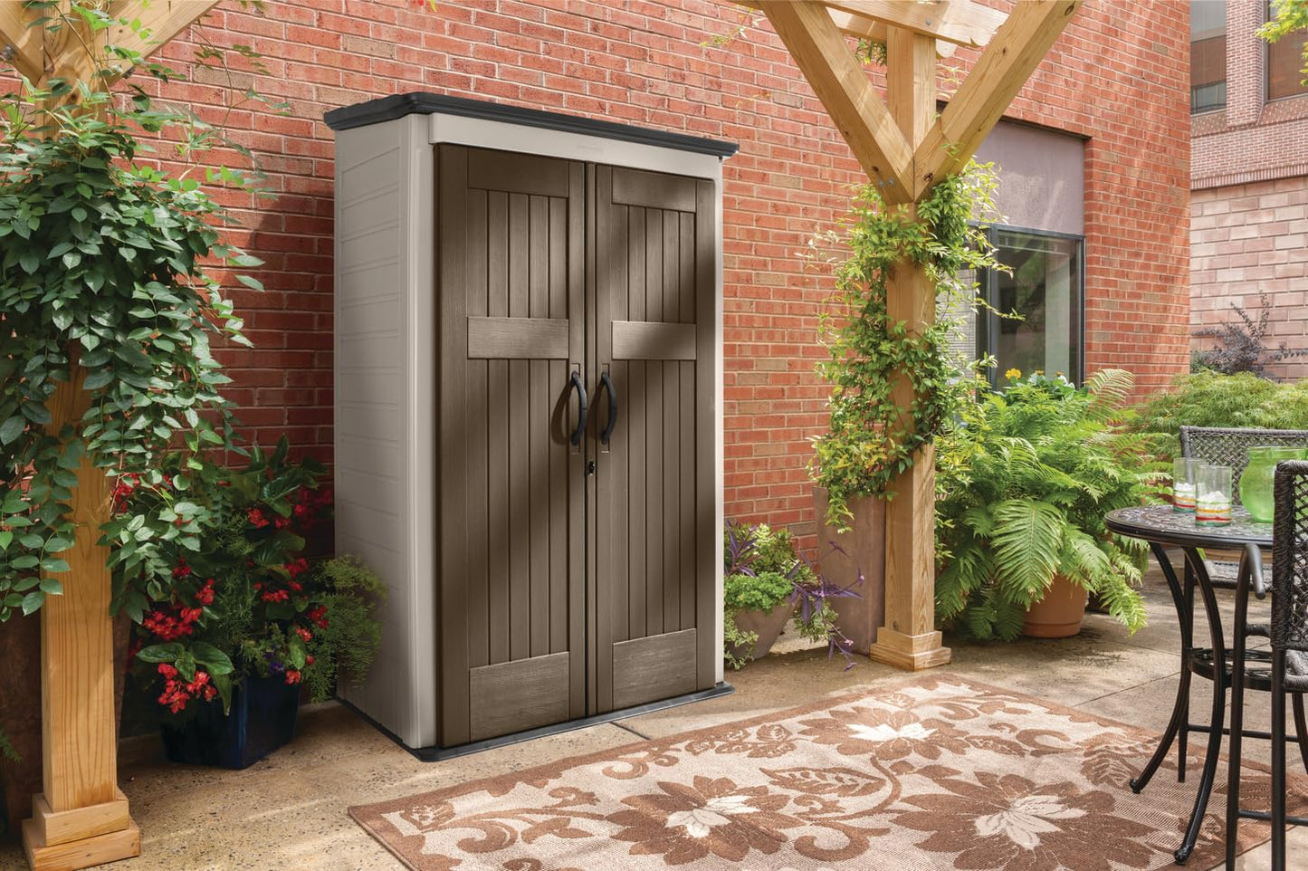 Rubbermaid Vertical Resin Outdoor Storage Shed With Floor (4 x 2.5 Ft) Weather Resistant Brown Organization for Home/Backyard/Garden Tools/Porch/Patio Cushions/Pool Chemicals/Toys