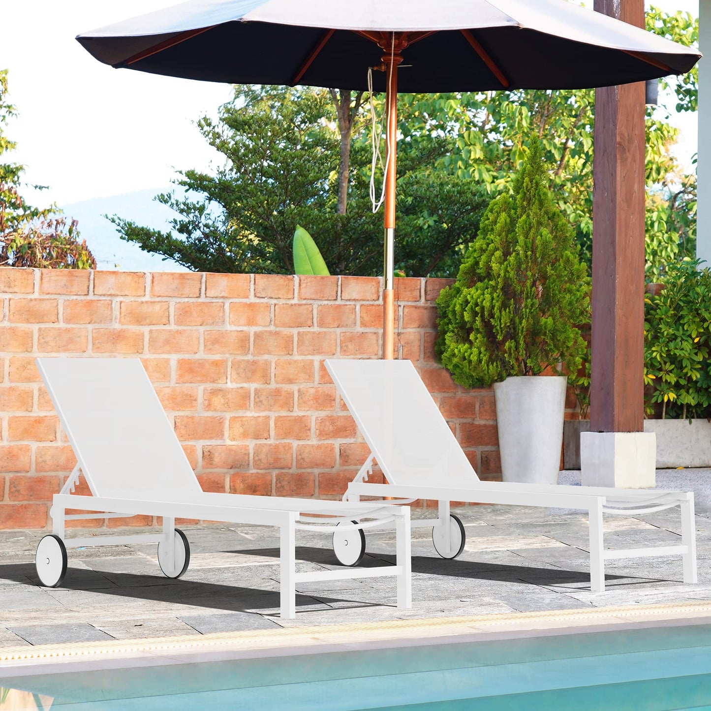 Shintenchi 2 PCS Outdoor Chaise Lounges Chair with Wheels Aluminum Reclining Patio Lounge Chairs with 5 Adjustable Position Recliner for Patio, Beach, Yard, Pool Furniture Set,White