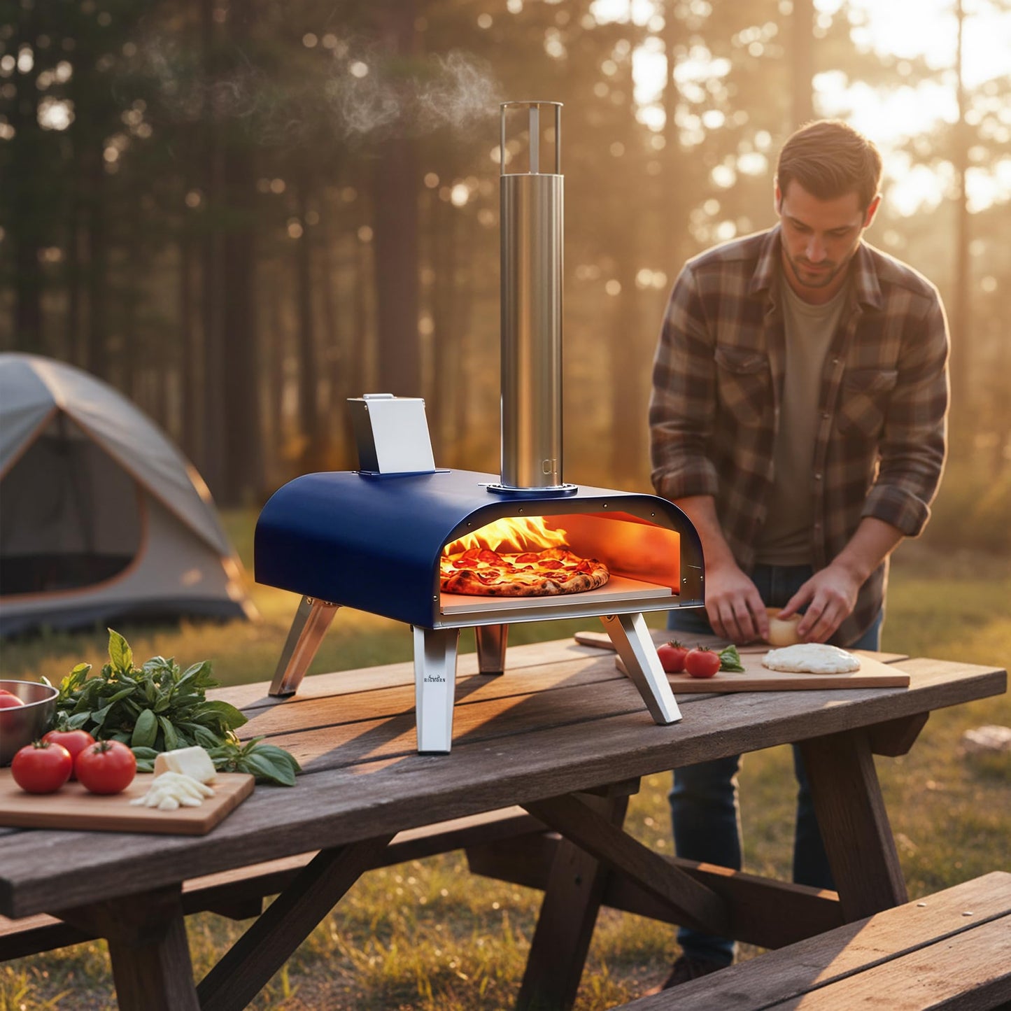 BIG HORN 12" Multi-Fuel Outdoor Pizza Oven Reach up to 1110℉– 3-in-1 Wood,Gas &Electric Compatible(Burners Sold Separately),Pellet Pizza Oven Portable Pizza Maker for Backyard, Camping&Tailgating,Blue