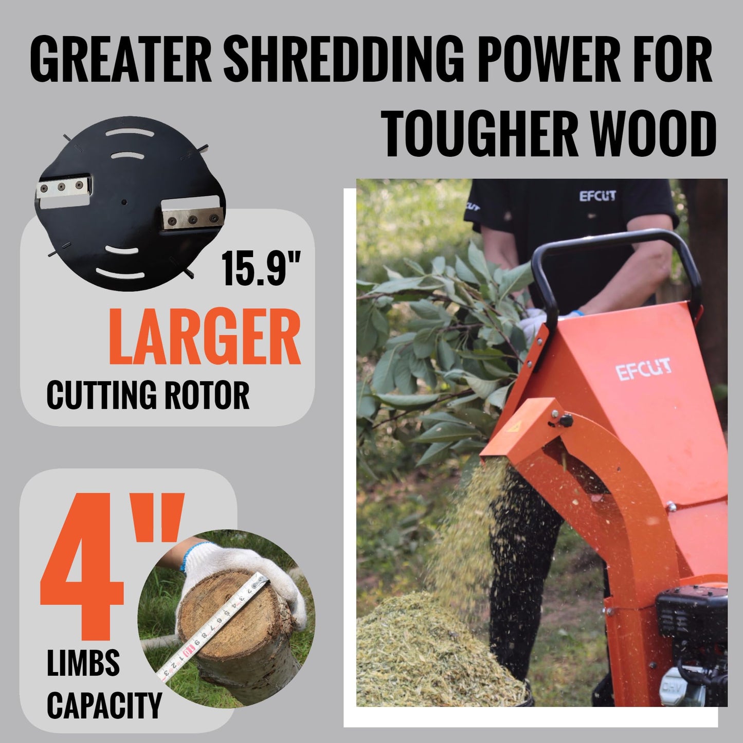 EFCUT C40E 4" Wood Chipper, Easy Key Start, 9HP 274cc Gas Powered Engine, 4 inch Max Branch Capacity, Heavy Duty Shredder Mulcher with Electric Start