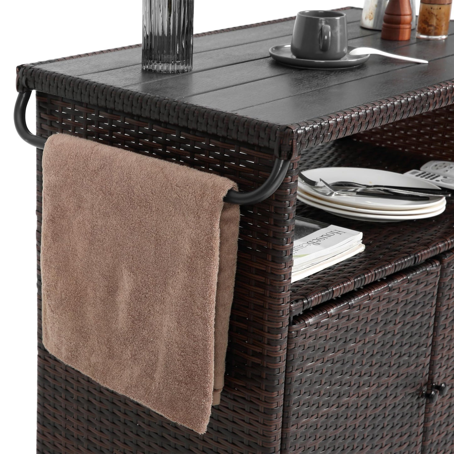 GDFStudio Outdoor Wicker Bar Cart with Wheels, Patio Rolling Rattan Beverage Serving Cart with Plastic Wood Top, Storage Cabinet Wine Trolley for Backyard, Garden, Poolside, Porch Party, Light Brown