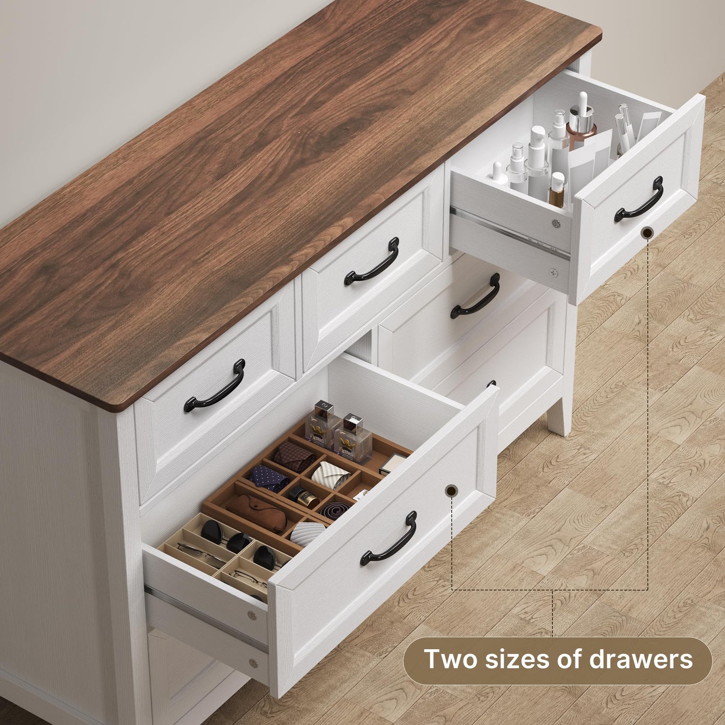 Gizoon Farmhouse 7 Drawers Dresser, White Chest of Drawers with Metal Handles, 47" Wide Wooden Storage Organizer for Bedroom, Hallway, Living Room, Tabletop-Retro