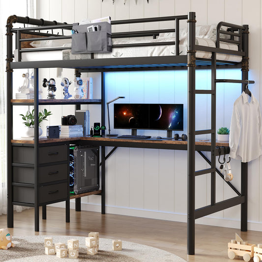 Twin Size Loft Bed with L-Shaped Desk, LED Lights,Charging Station, Industrial Heavy Duty Metal Loft Bed Frame with 3 Storage Shelves and 3 Fabric Drawers, Safety Guard & Ladder, Vintage Brown