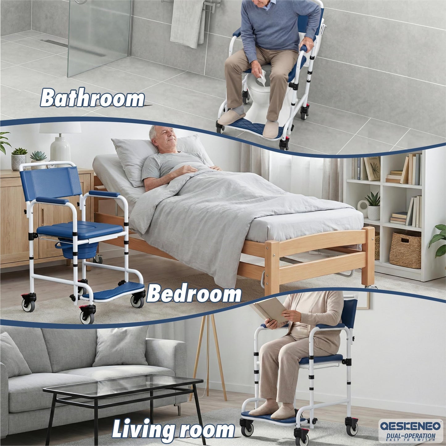 Shower Chair with Wheels, Two Modes Commode Chair for Elderly and Disabled