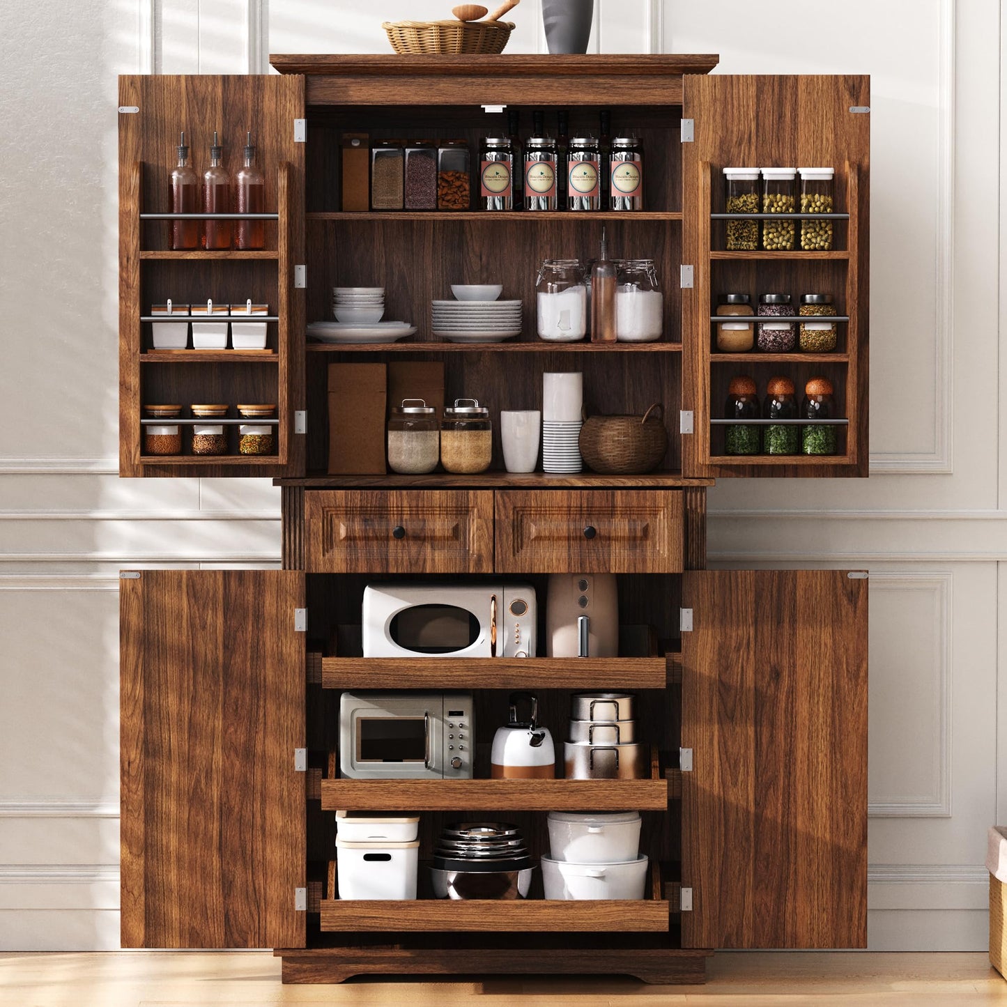 Ball & Cast 71" Farmhouse Kitchen Pantry Cabinet with 3 Pull-Out Organizers, Tall Storage Cabinet with 4 Doors, 2 Drawers, 6 Door Shelves & Adjustable Shelves, Freestanding Cupboard, Rustic Brown