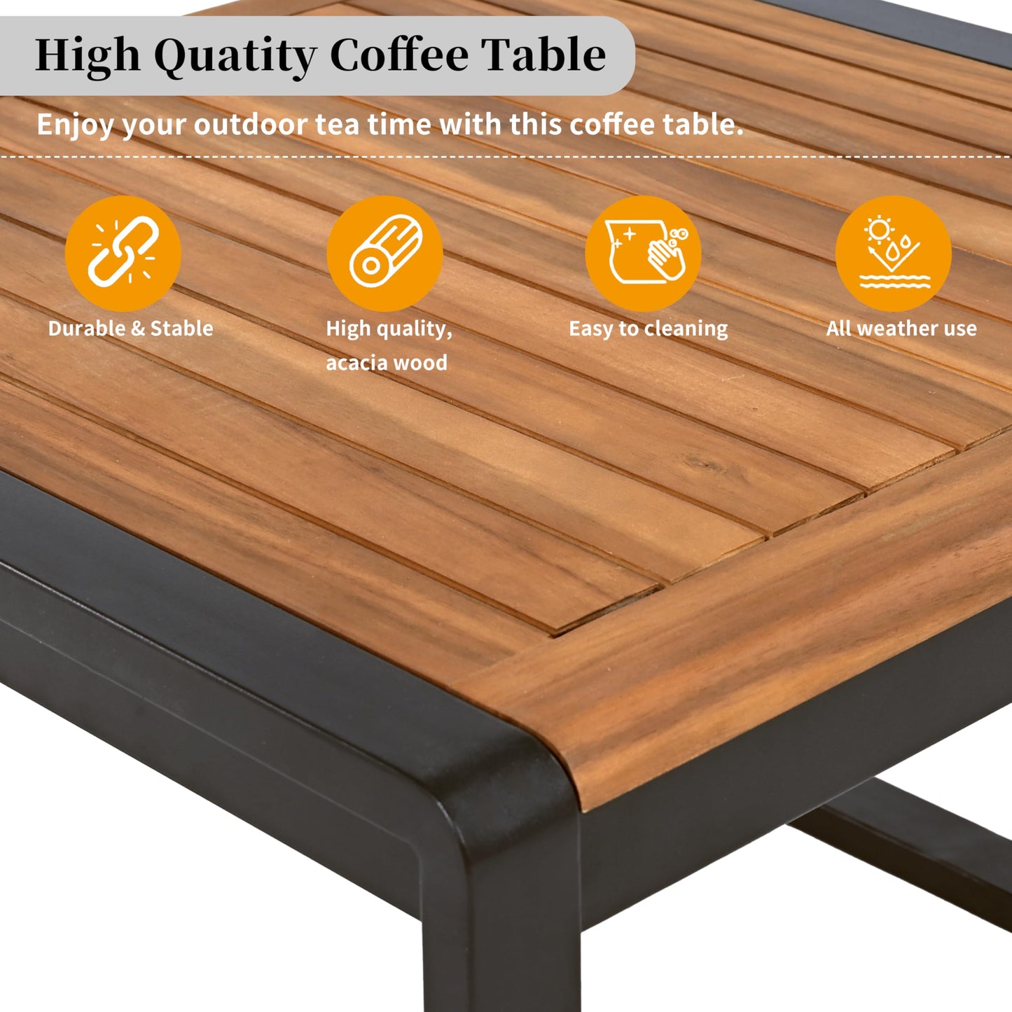 4 Pieces Outdoor Patio Conservation Set, Metal and Wood Frame Sectional L-Shaped Sofa with Soft Cushion and a Coffee Tables for Garden, Backyard, Porch and Deck, Gray