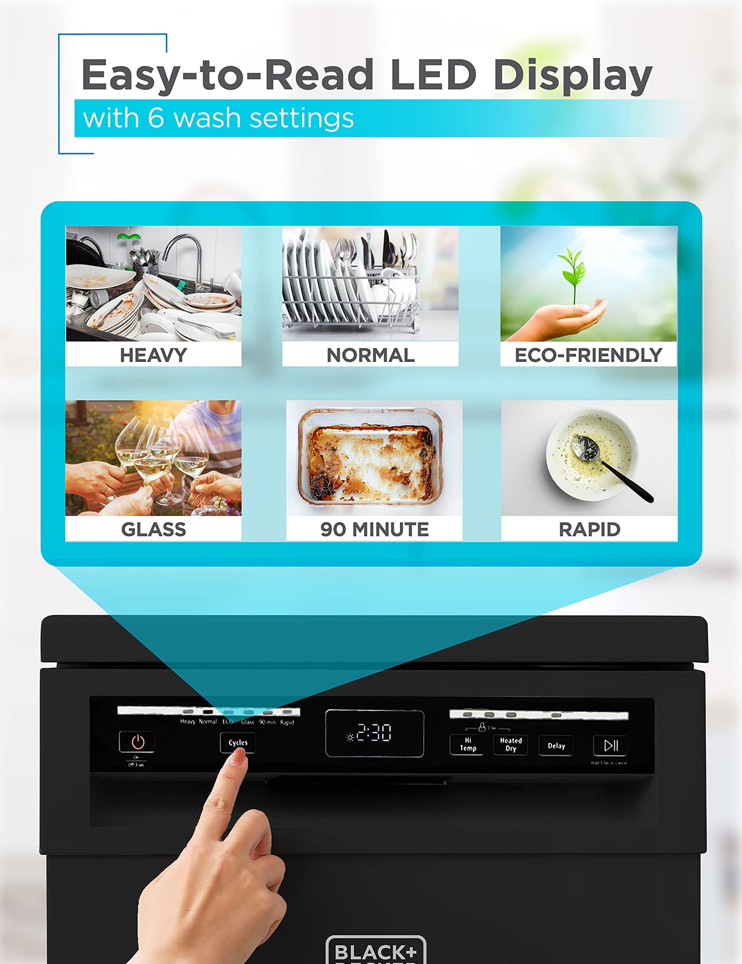 BLACK+DECKER 18-Inch Portable Dishwasher, 8-Place Setting Capacity, Mobile Dish Washer with 6 Wash Programs, LED Display, Stainless Steel Tub, ENERGY STAR Certified, BPD8B, Black