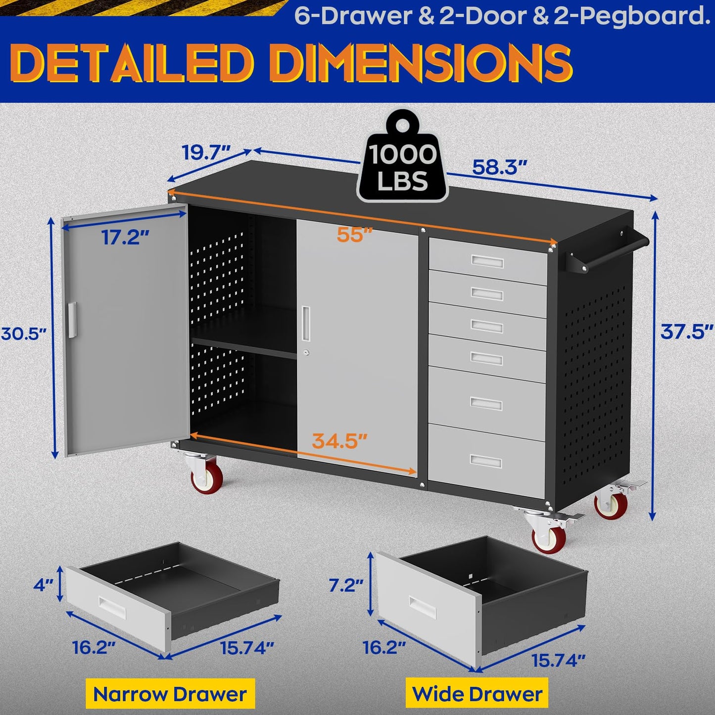 Eltean 55" W Rolling Workbench with 6 Drawers and Storage Cabinet,1000 LB Capacity Heavy Duty Work Bench with Pegboard and Adjustable Shelf,Garage Workbench with Wheels for Repair Shop/Workshop