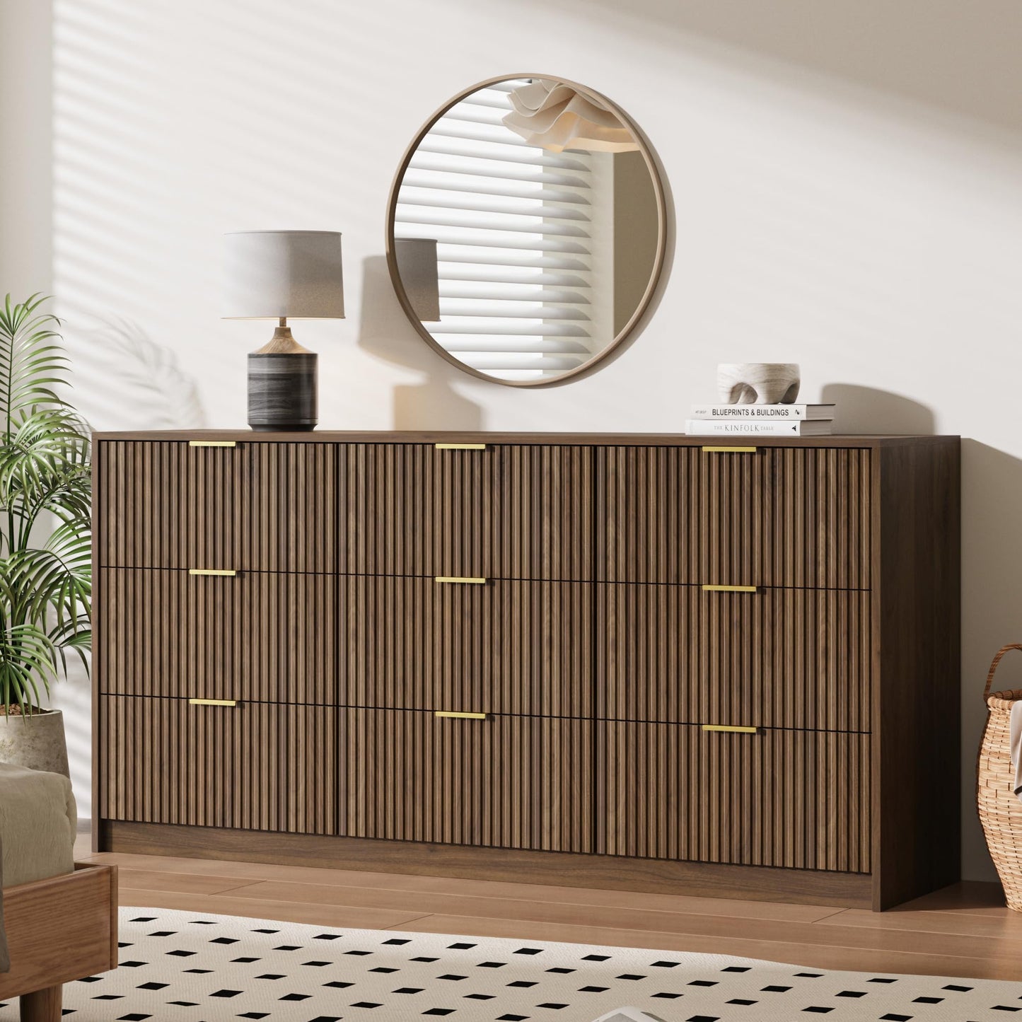 MAISONARIA 9 Drawer Dresser for Bedroom, 63" Wide Modern Fluted Dresser with Gold Metal Handles, Chest of Drawers for Bedroom, Living Room, Entryway, Hallway, Walnut