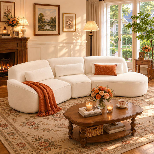 Merax 123.23" Curved Polyester Sectional Sofa Set, Modern Cloud Couch with Chaise Lounge & 3 Pillows & Right Hand Facing, High-Density Fully Compressed Sponge, Fully Assembled for Living Room, Beige
