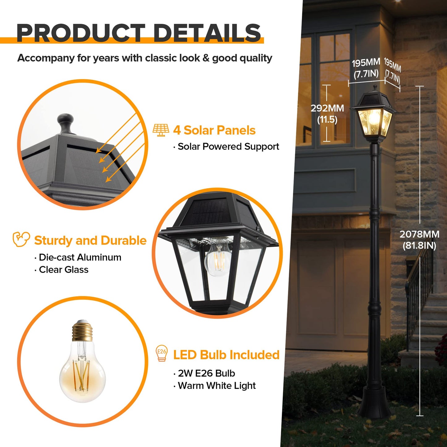 LUTEC LED Solar Post Light, Vintage Dusk to Dawn, 200 Lumens, Black, for Garden, Lawn, Pathway, Driveway