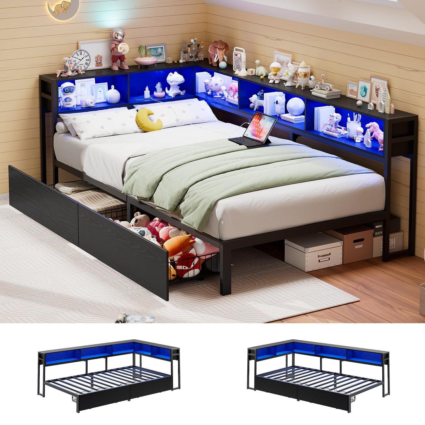 Garvee Twin Corner Bed Frames - with Charging Station and LED Lights, Twin Size Bed Platform with 2 Storage Drawers and Bookcase Headboard, Modern Twin Daybed for Kids Teens Guests, Black