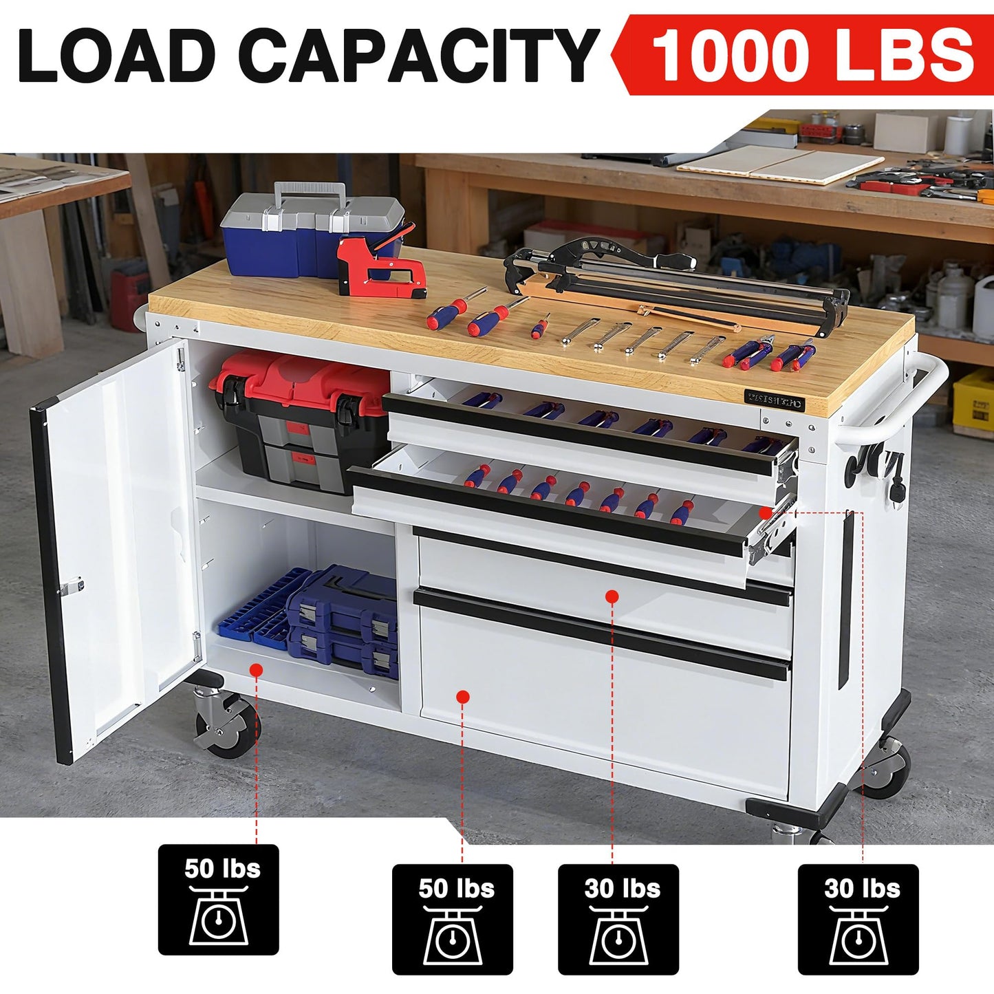 WORKPRO 52" x 20" 5-Drawer & 1-Door Rolling Tool Chest, Heavy Duty Tool Chest with Wheels, Power Strip, Locking System, Rolling Cabinet for Garage, Home & Kitchen, 1000 lbs Capacity