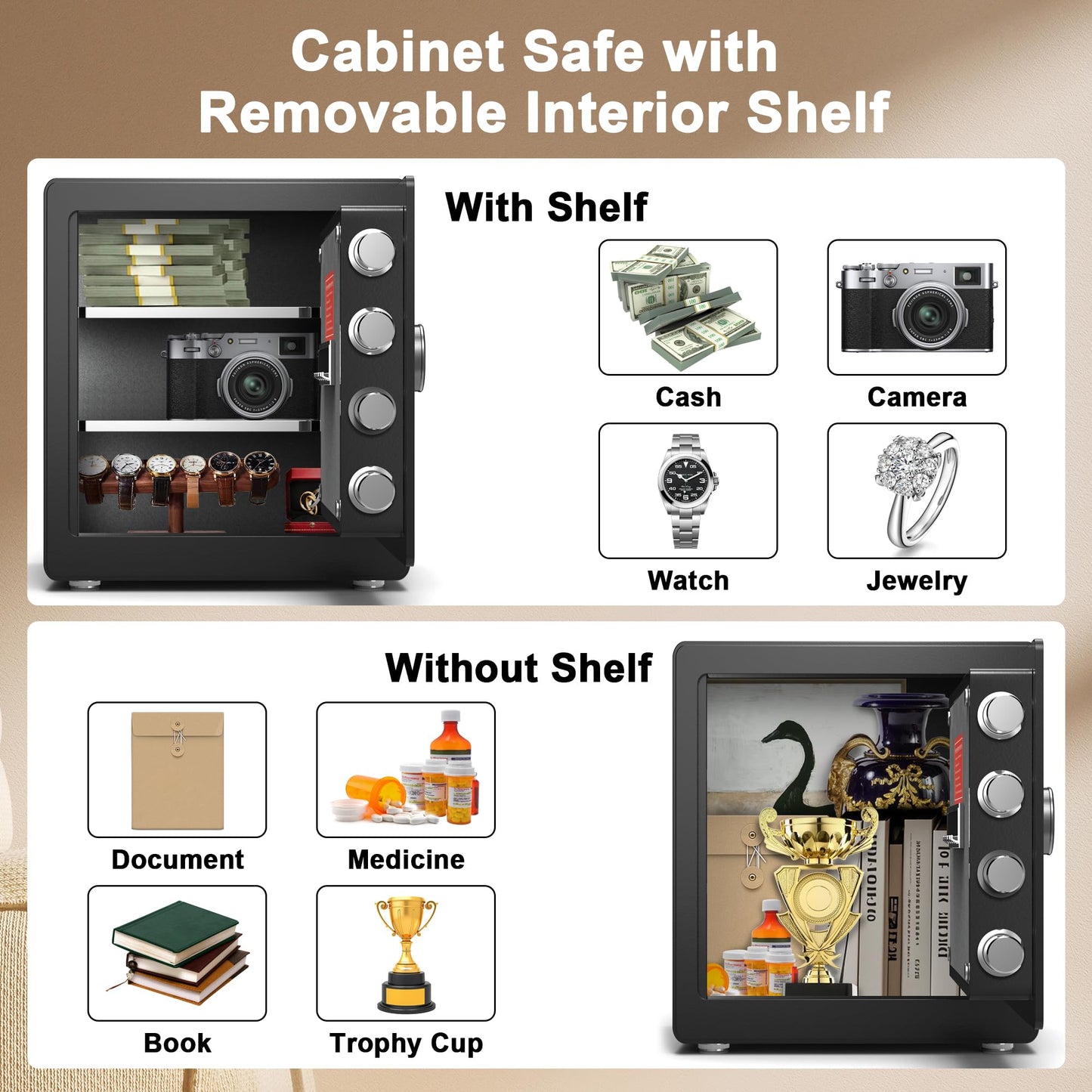 Safe Box, Fingerprint Safe with Fireproof &Waterproof Bag Money Safety Box for Cash Documents Small Safes for Home with Digital Biometric Keypad & Removable Shelf (2.0 Cubic Feet Biometric)